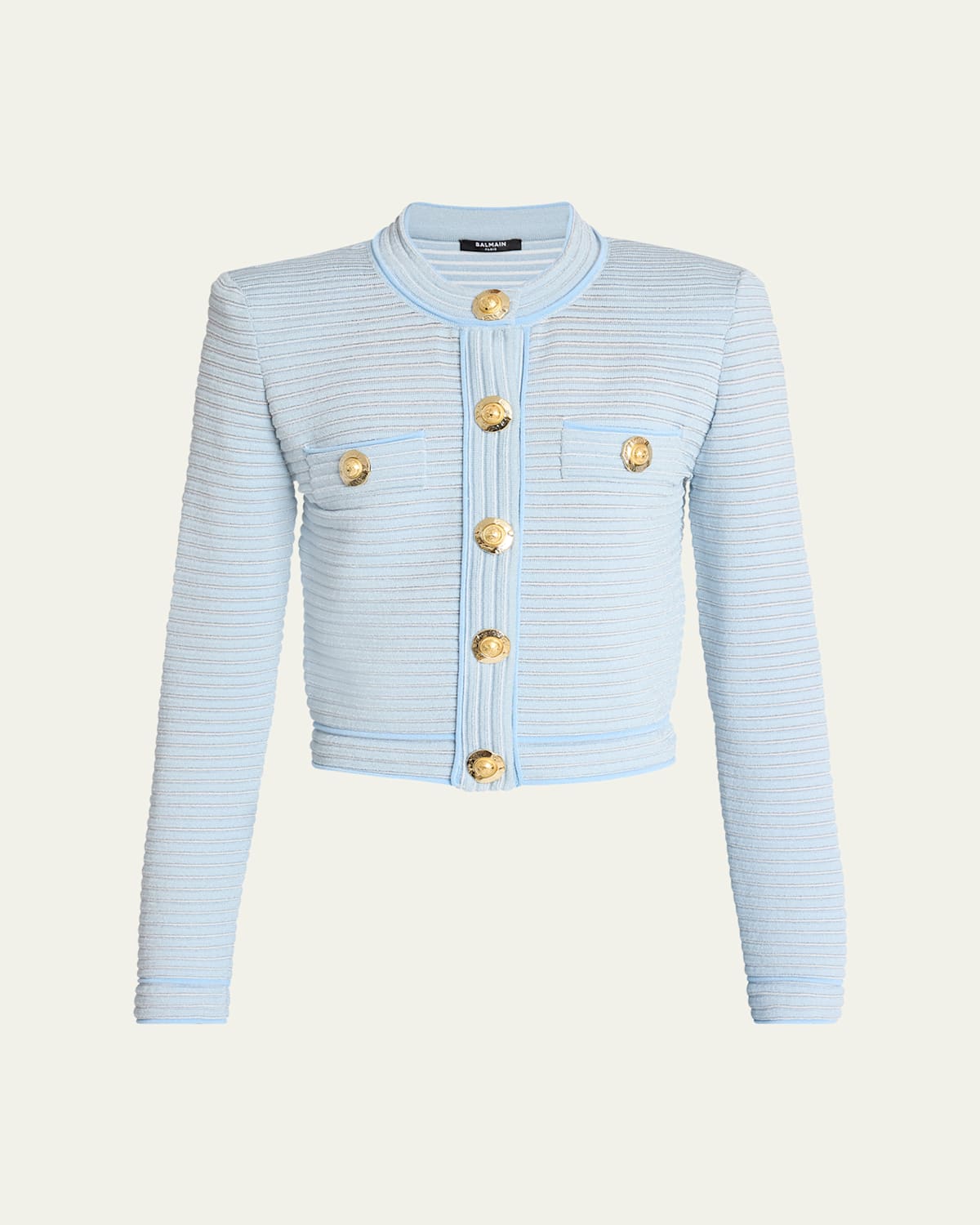 Balmain Buttoned Striped Knit Crop Cardigan