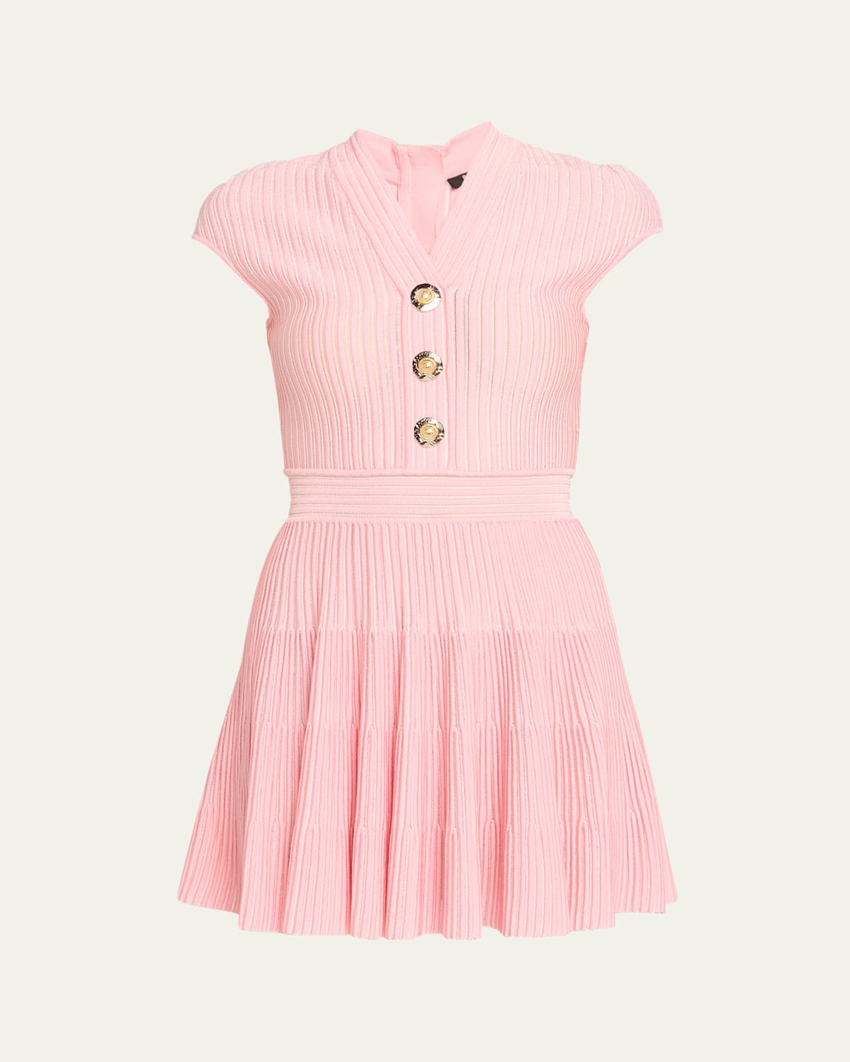 Balmain Short-sleeve Flechage Knit Flare Mini Dress