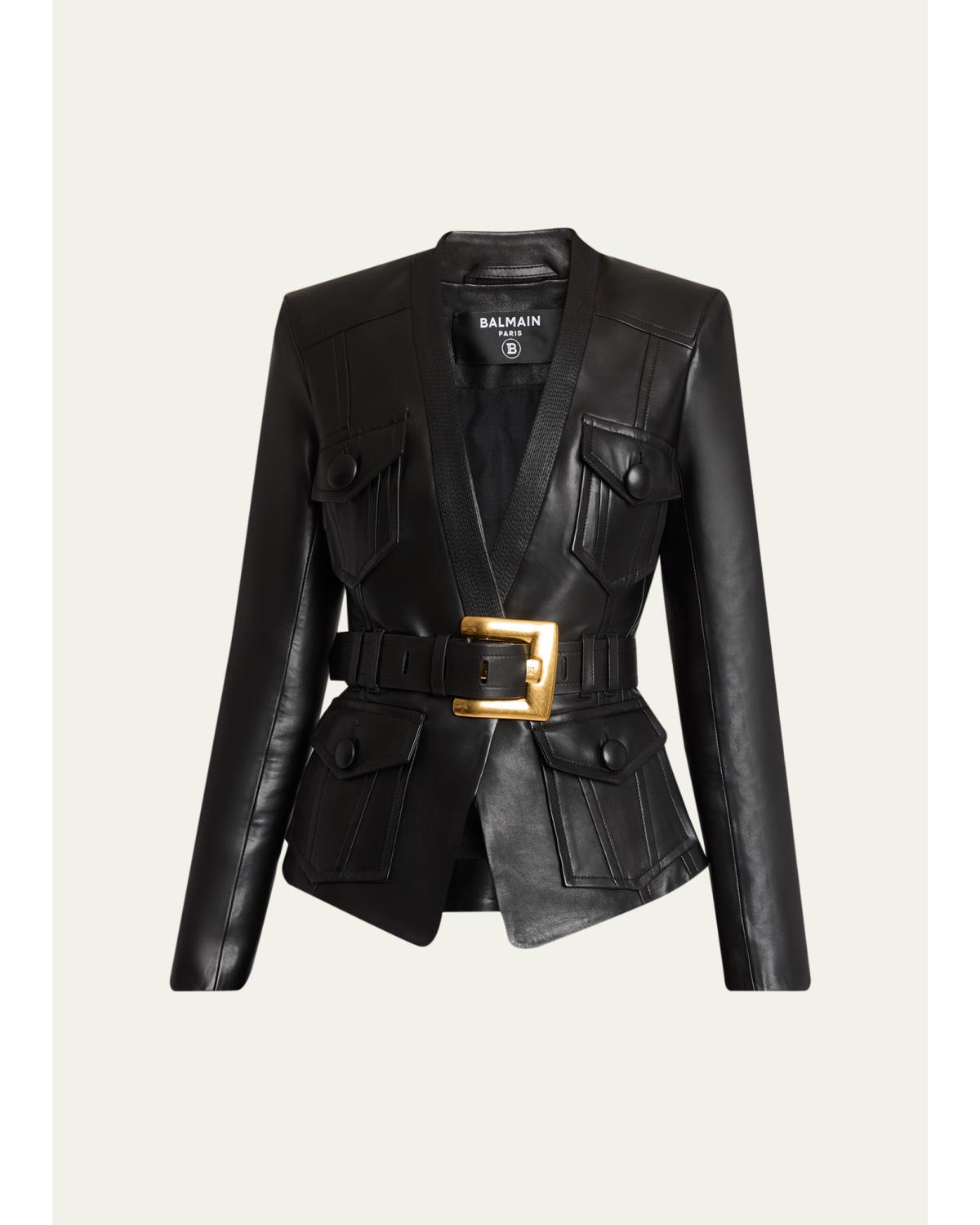 Belted Leather Fitted Jacket