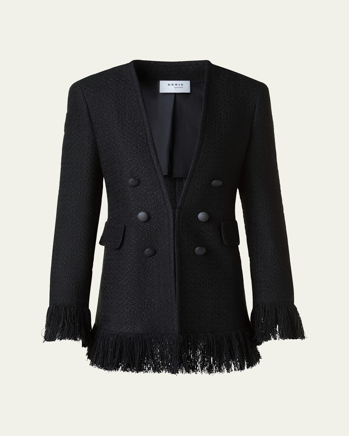 Akris Punto Double-breasted Illusion Boucle Tweed Fringed Jacket In Black