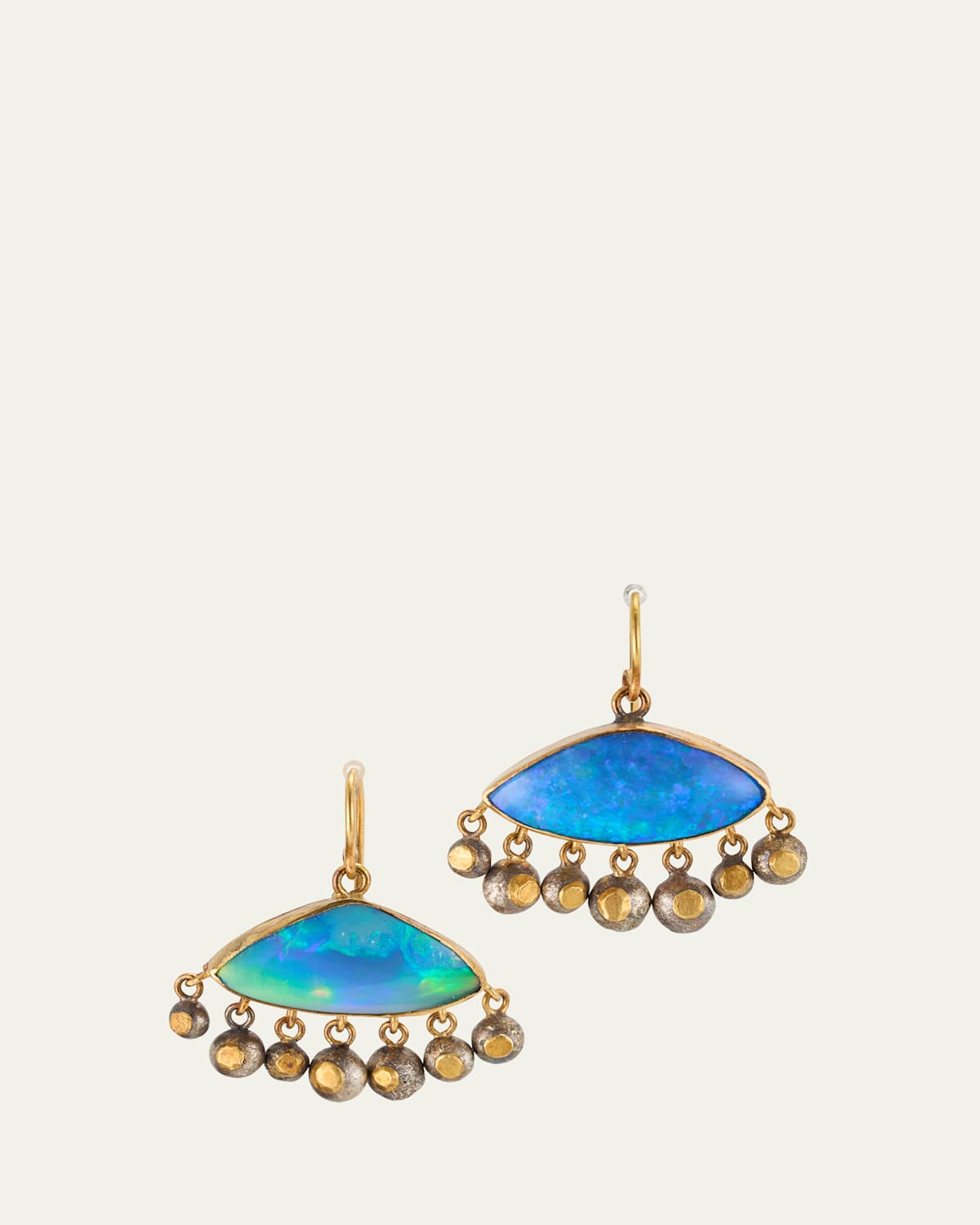 Rectangular Flashy Opal Earrings with Dangling Silver Balls and Gold Details