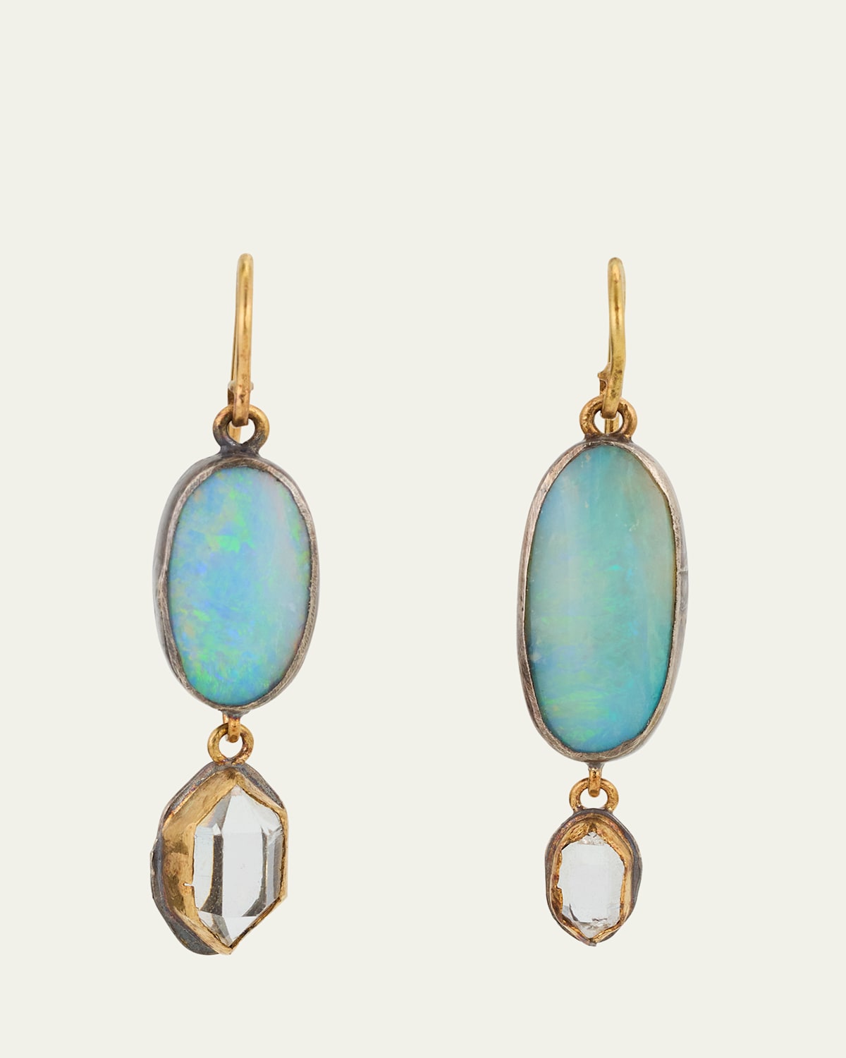 Flashy Oval Opal Earrings with Herkimer Diamond Drops Set in Silver and 18K Gold