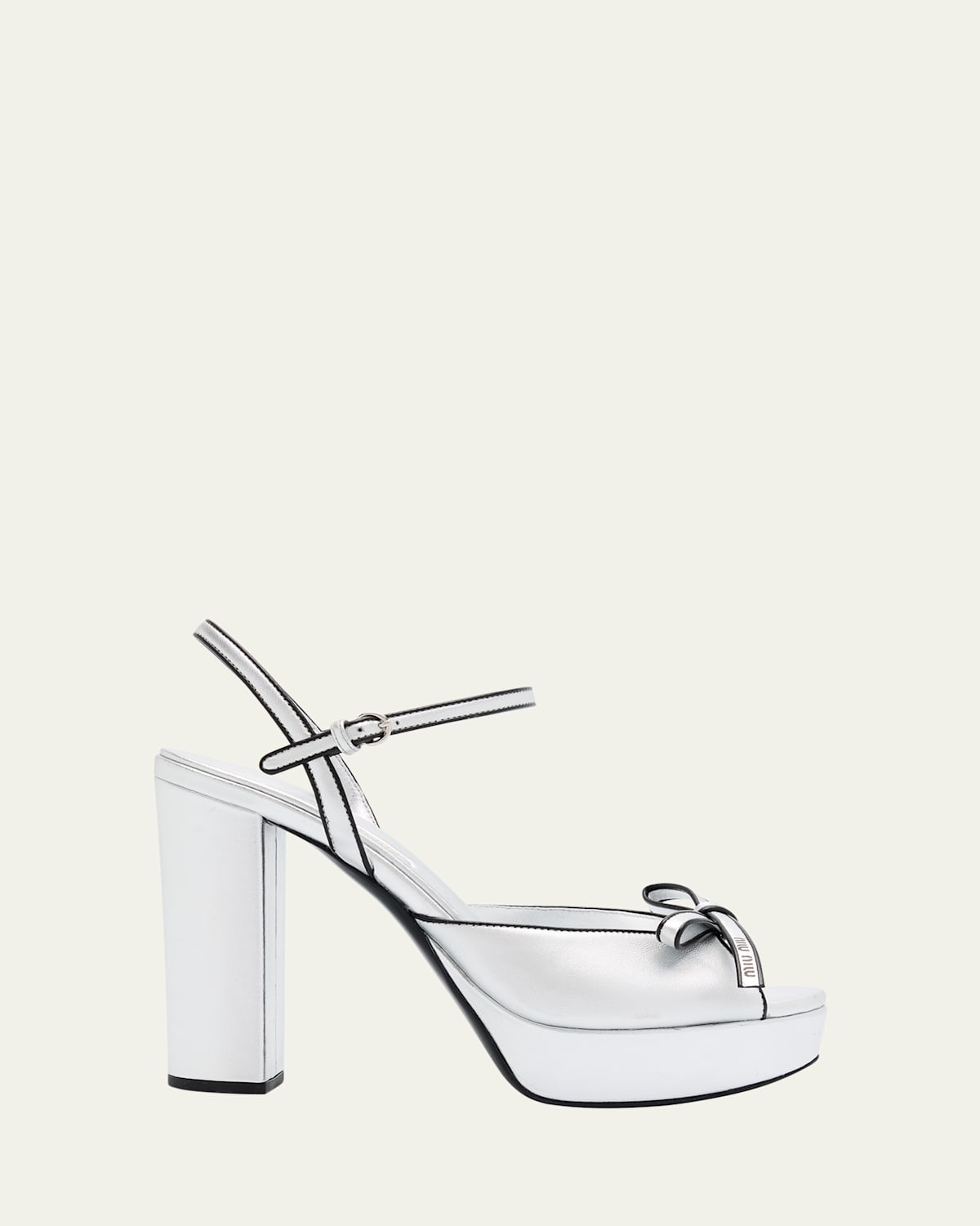 Shop Miu Miu Metallic Leather Bow Peep-toe Platform Sandals