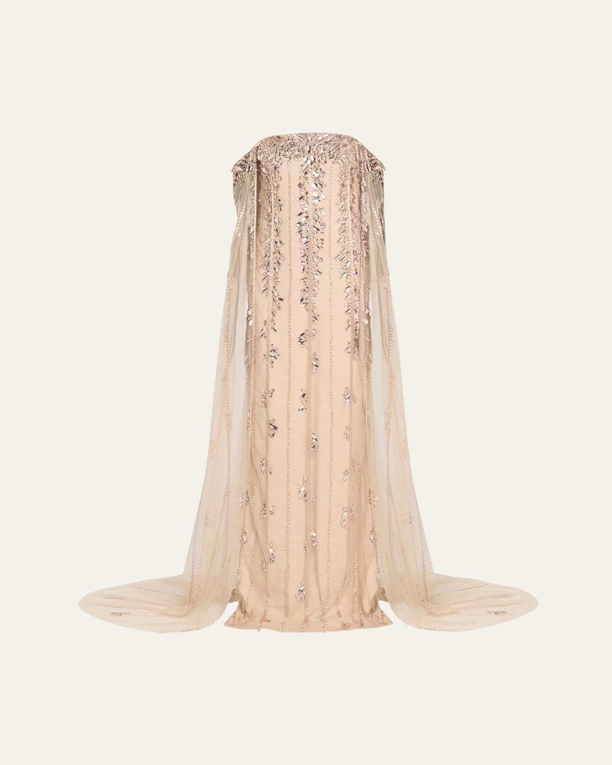 Crystal Tulle Strapless Gown with Detachable Cape