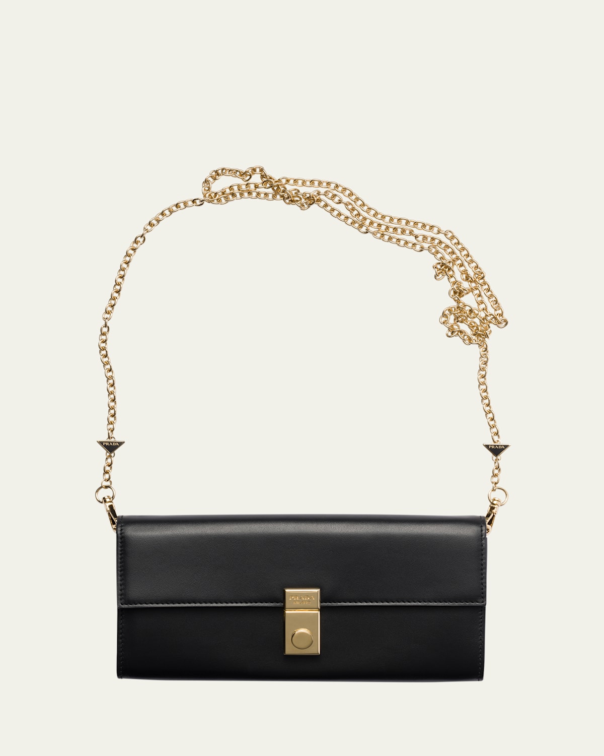 Prada Soft Sound Flap Leather Wallet On Chain In F0002 Nero