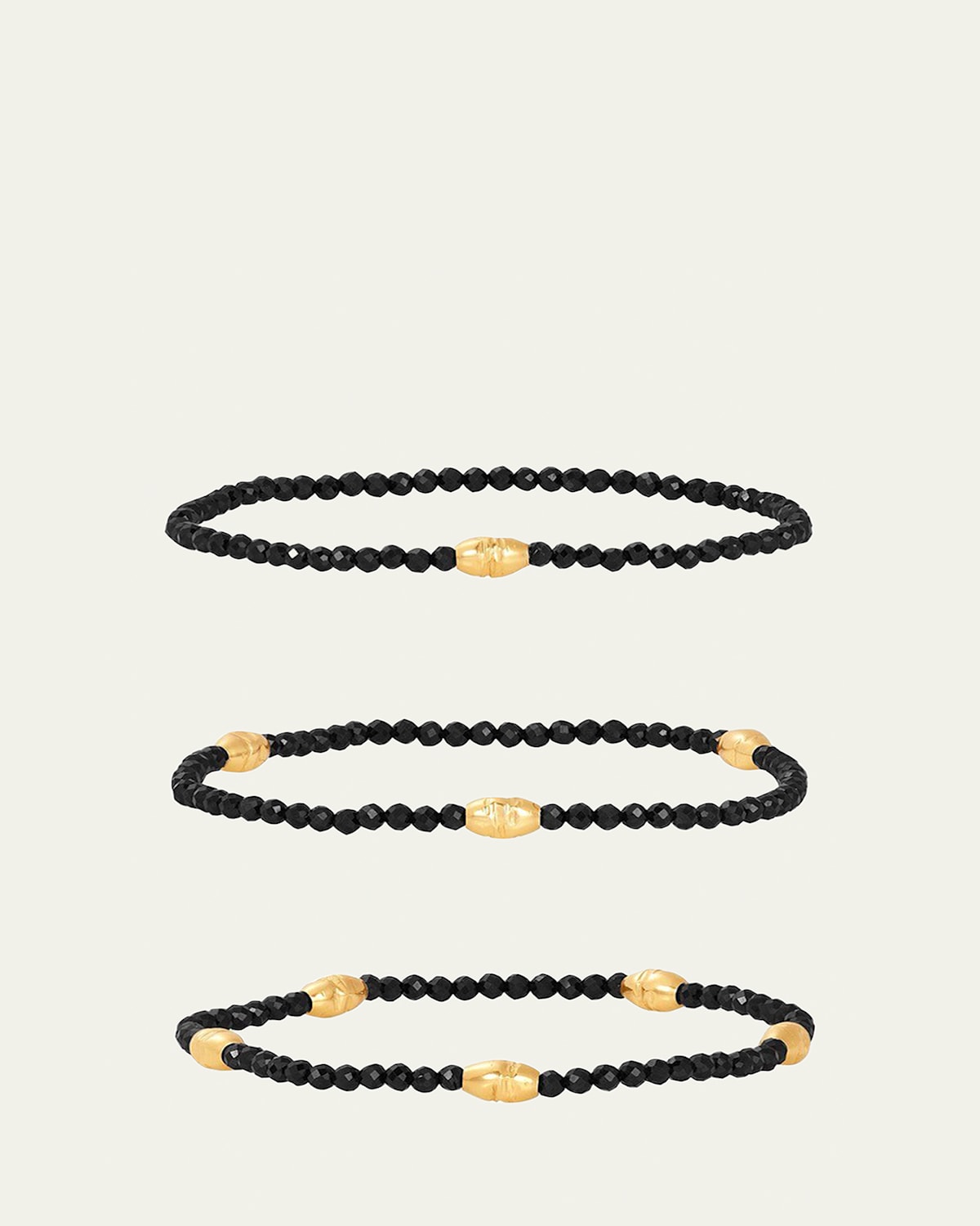 KAREN LAZAR 3mm Micro Faceted Black Spinel Stone and 14K Gold-Filled Textured Orzo Bead Bracelet Set