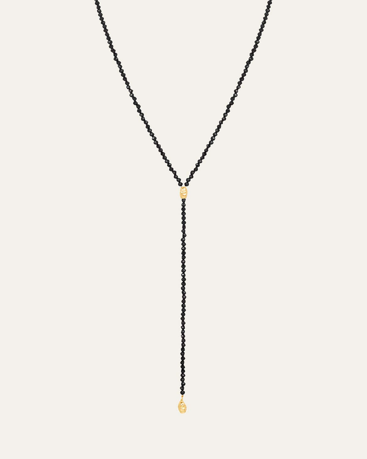 Micro Faceted Black Spinel Lariat Necklace with 14K Gold Filled Textured Orzo Beads