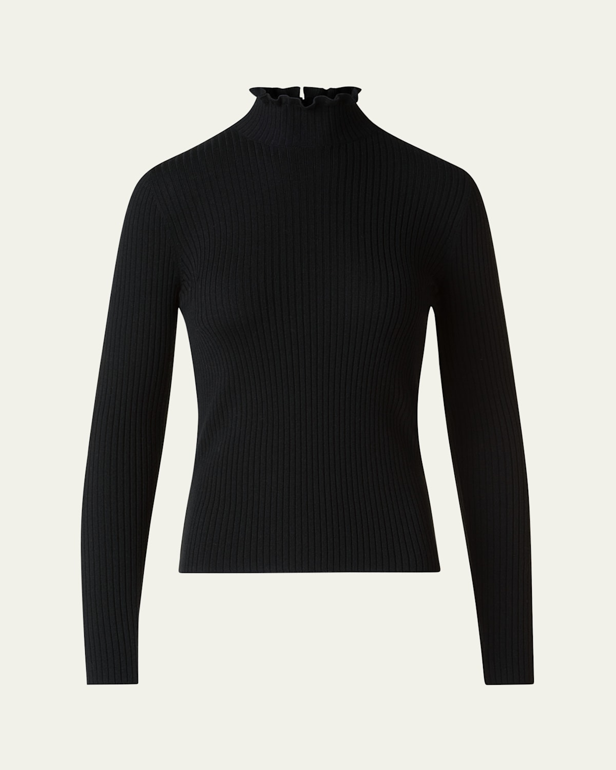 Akris Punto Ruffle Mock-neck Long-sleeve Rib Sweater In Black