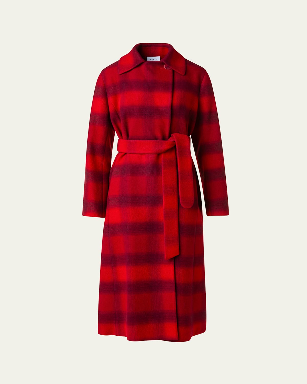 Akris Punto Blurred Check Belted Wool Blend Long Coat In Red