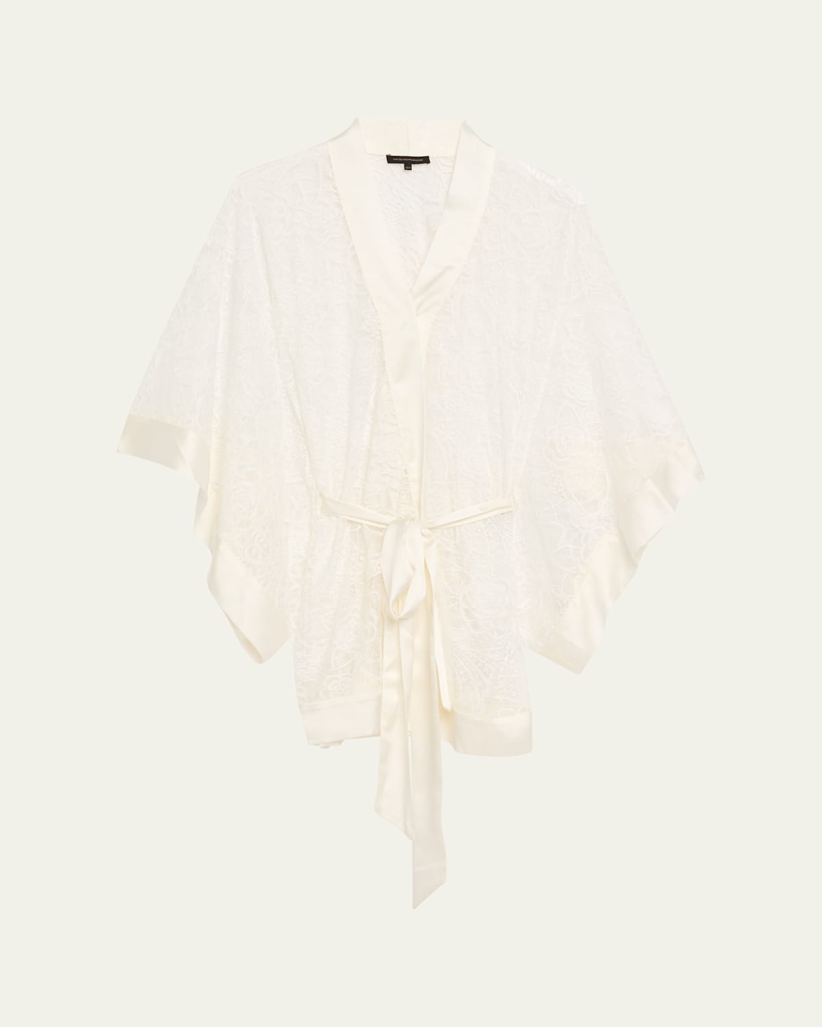Coquette Charmeuse-Trim Floral Lace Mini Kimono