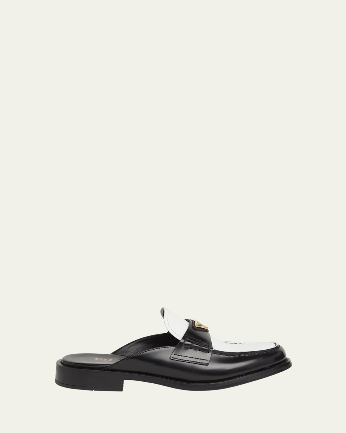 Prada Spazzolato Bicolor Triangle Logo Loafer Mules In Black