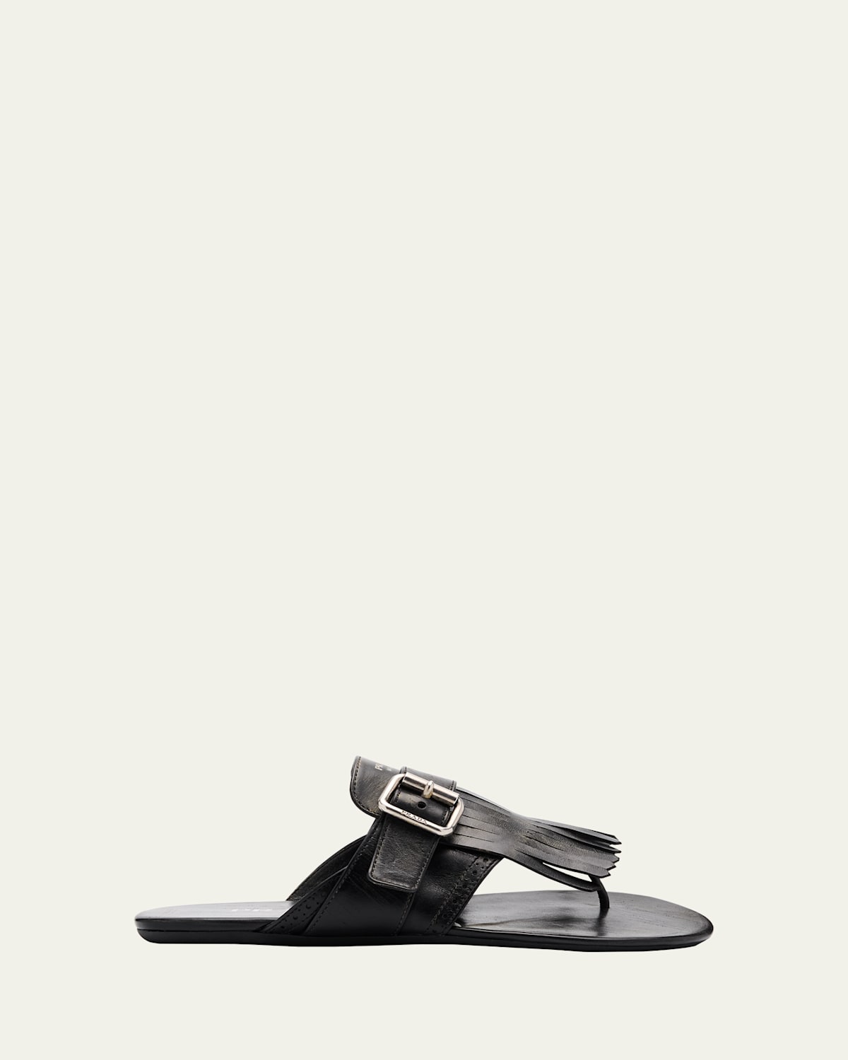 Prada Vitello Leather Fringe Buckled Thong Sandals In Black