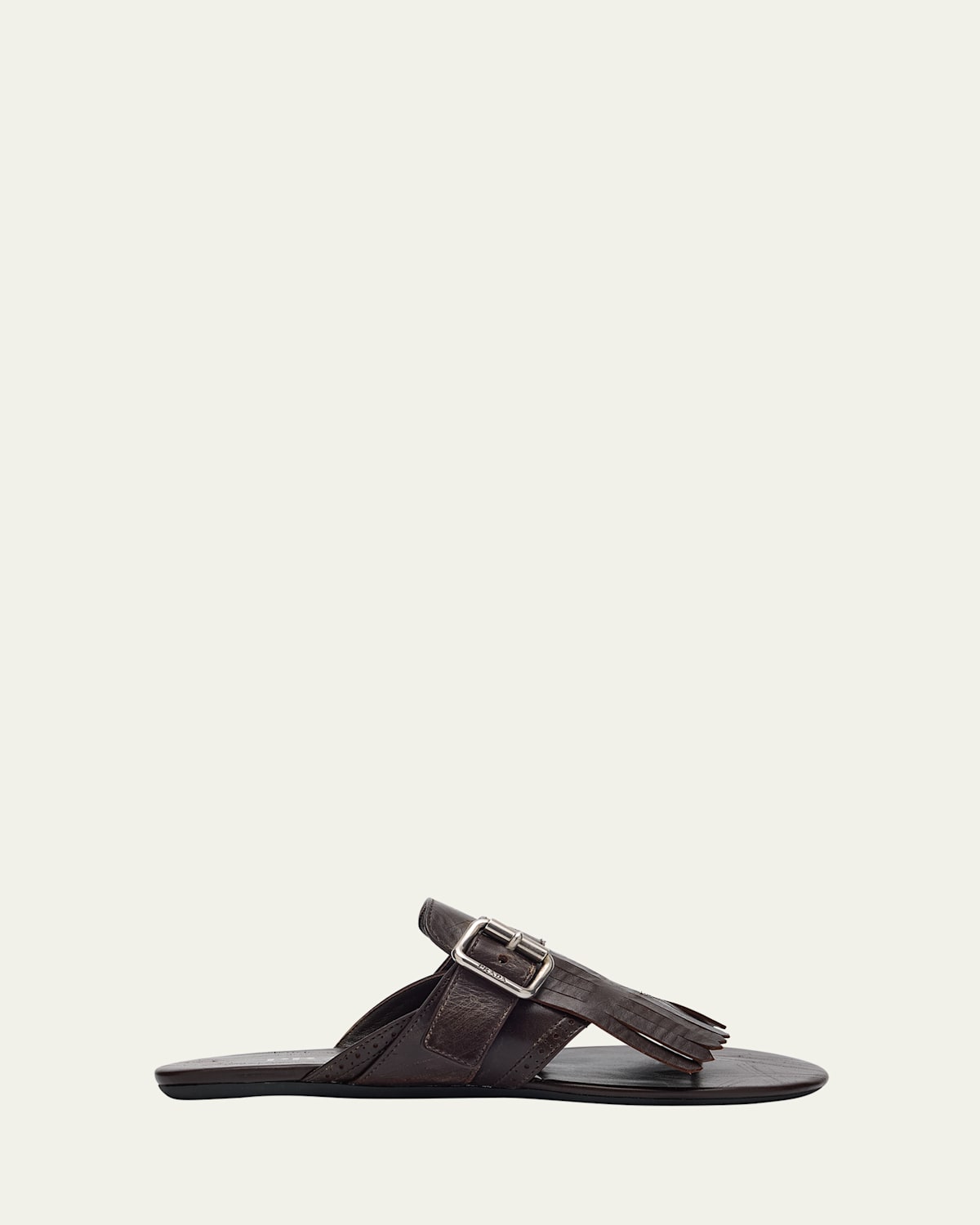 Prada Vitello Leather Fringe Buckled Thong Sandals In Brown