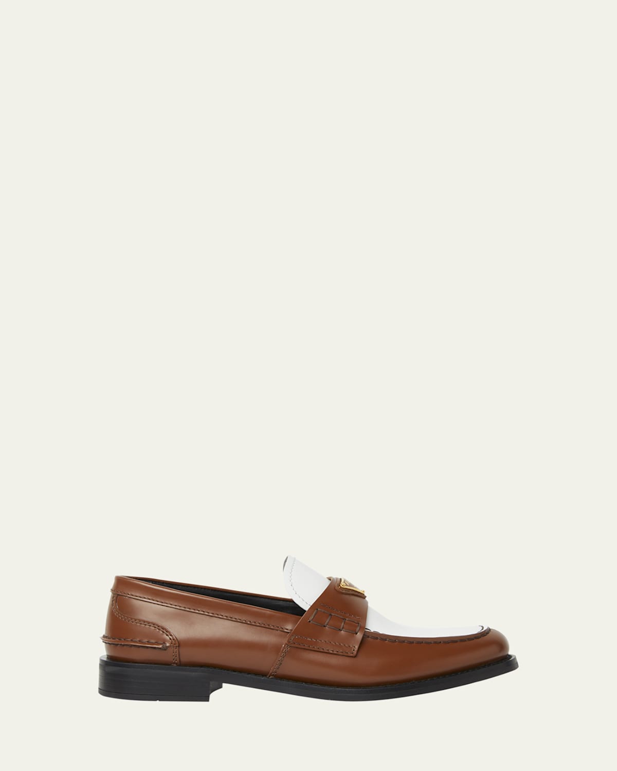 Prada Spazzolato Bicolor Triangle Logo Loafers In Brown