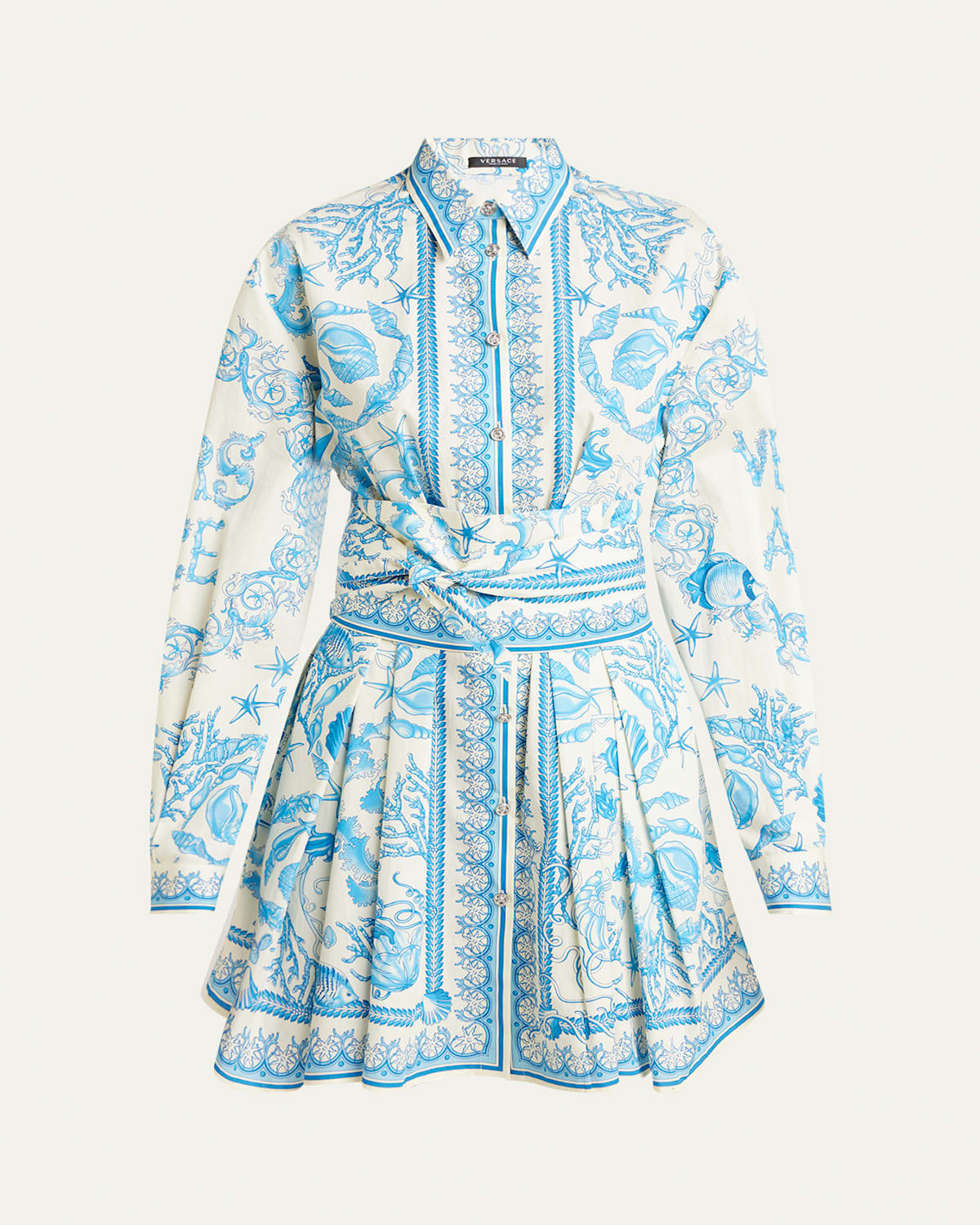 Pleated Baroque Scarf-Print Mini Shirtdress