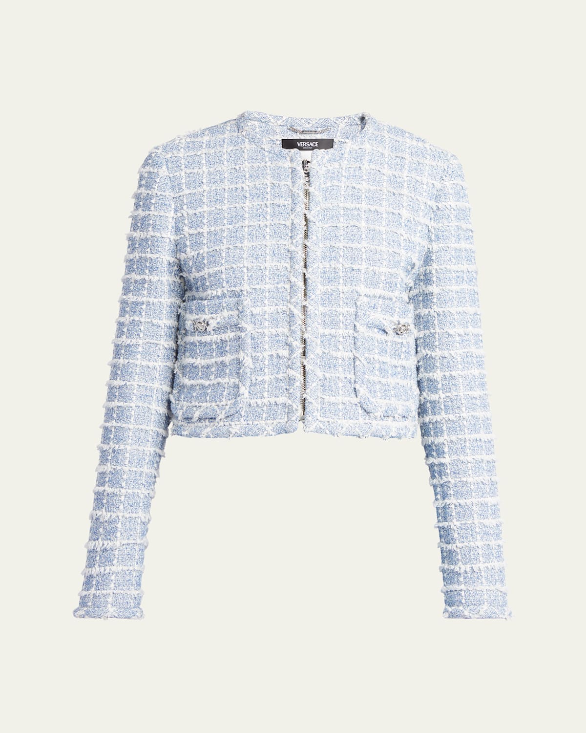 Versace Medusa Cropped Cotton-blend Tweed Jacket In Blue