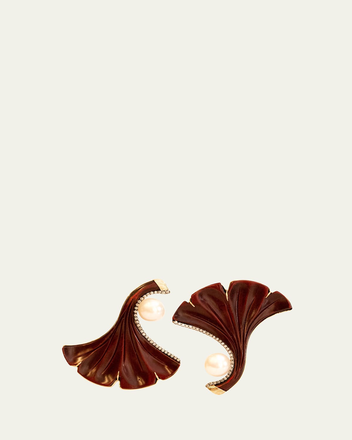 18K Yellow Gold Earrings with Diamonds, Pearls and Ginkgo Leaf Lacquer
