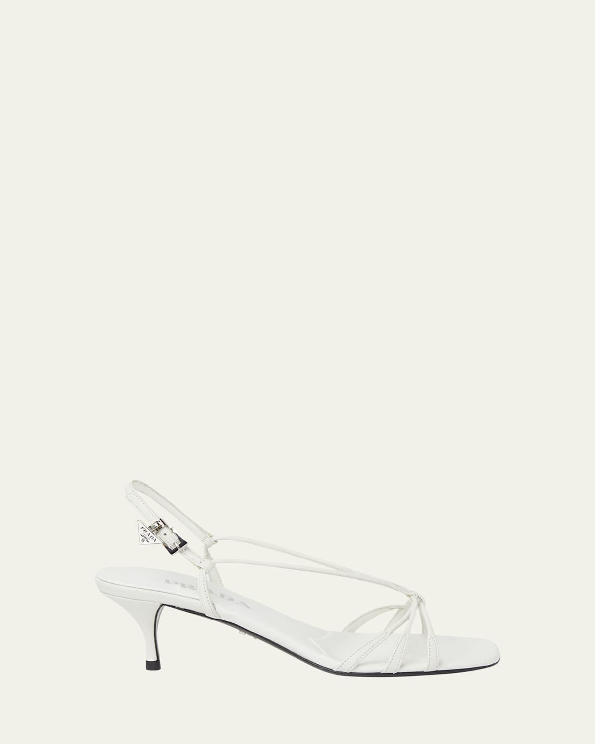 Prada Capretto Strappy Leather Sandals With Triangle Logo Charm In White