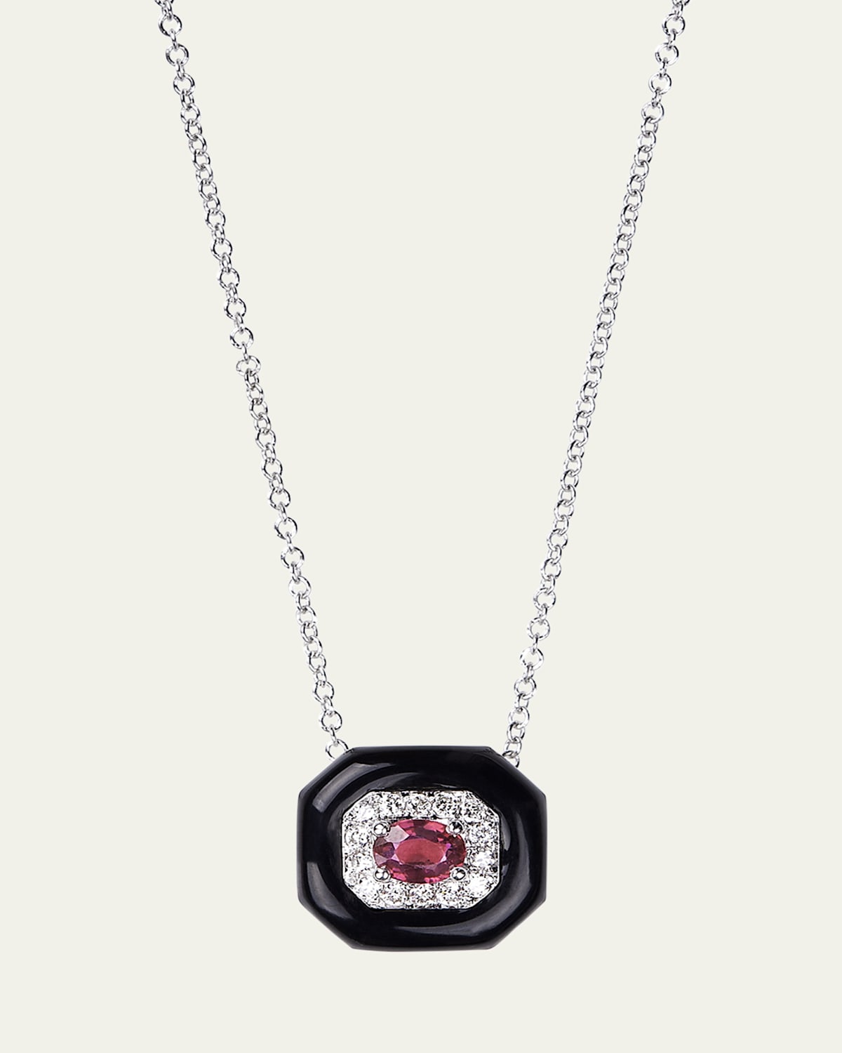 Oui 18K White Gold Ruby Pendant Necklace with White Diamonds and Black Enamel