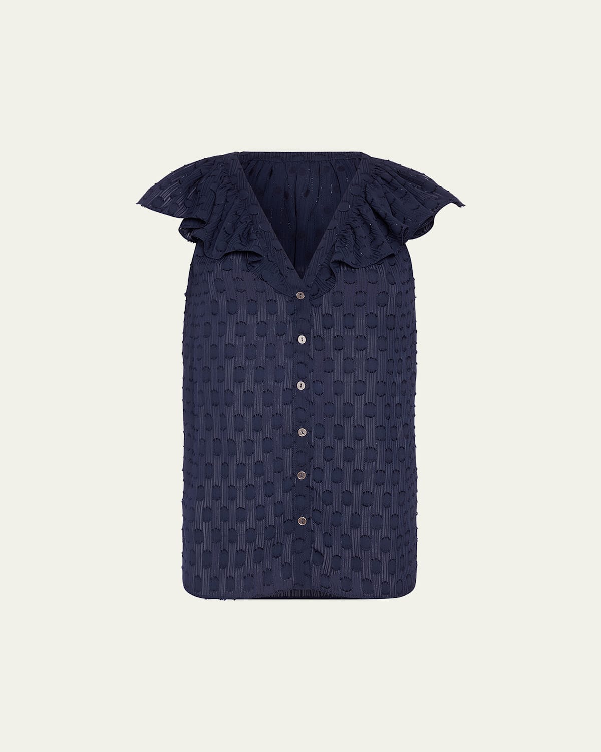 Ramy Brook Silvia Clip Dot Ruffle Accent Button-up Top In Blue