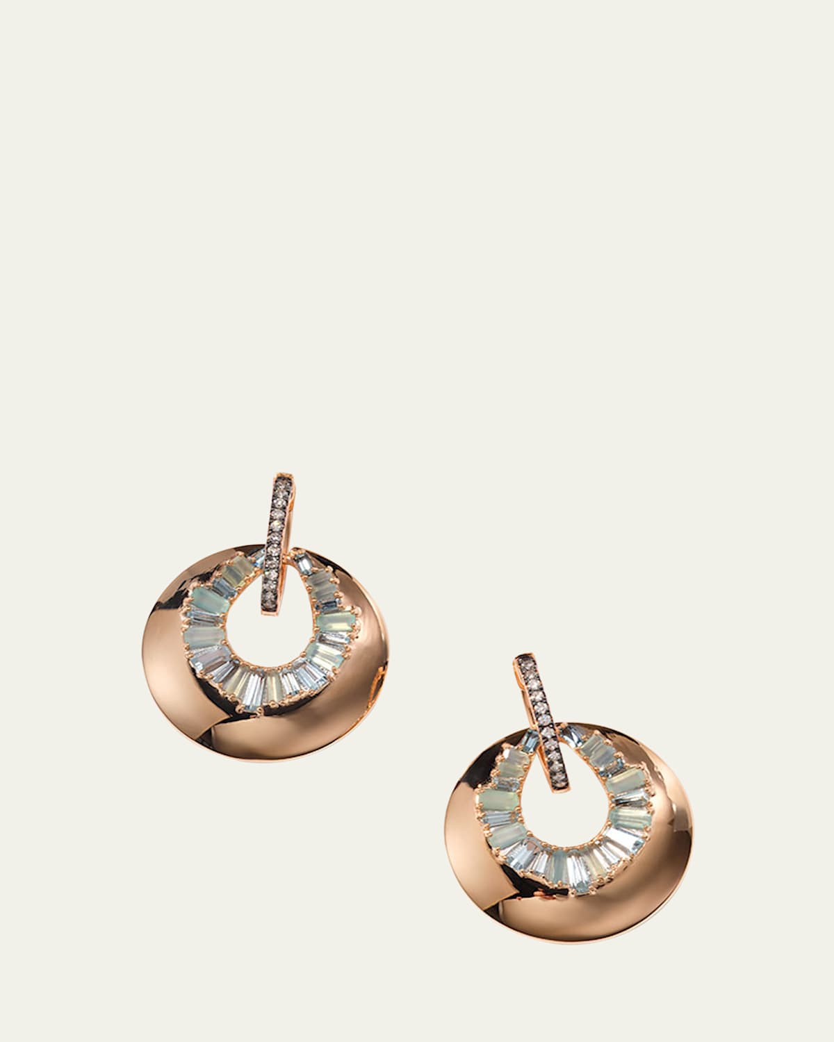 20K Rose Gold Aperature Earrings with Diamonds, Aquamarine and Peruvian Opal