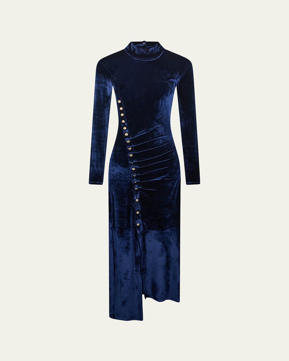 Rabanne Mock-neck Asymmetric Ruched Velvet Midi Dress In Blue
