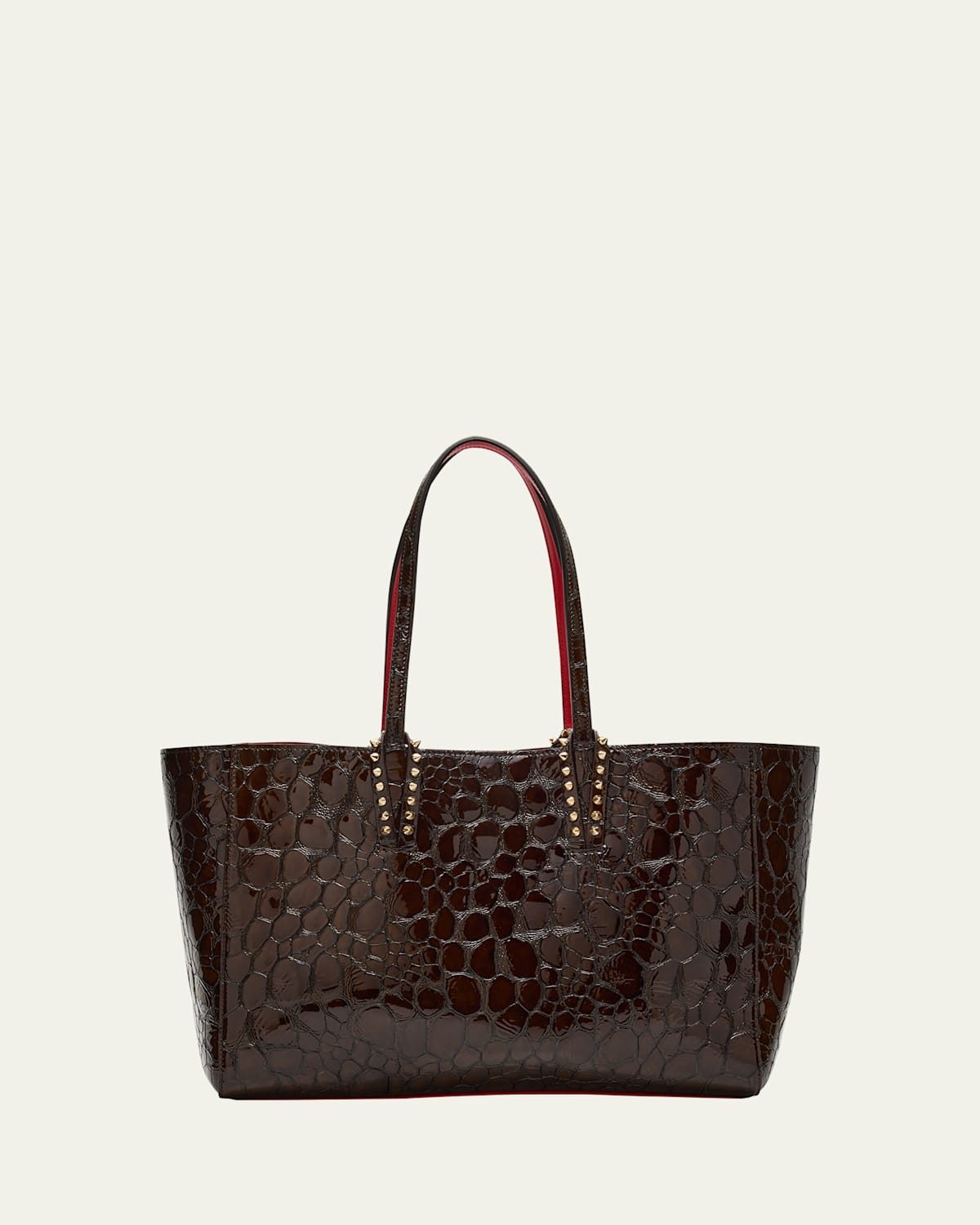 Christian Louboutin Cabata Small Tote Bag In Glossy Croc-embossed Leather In Brown
