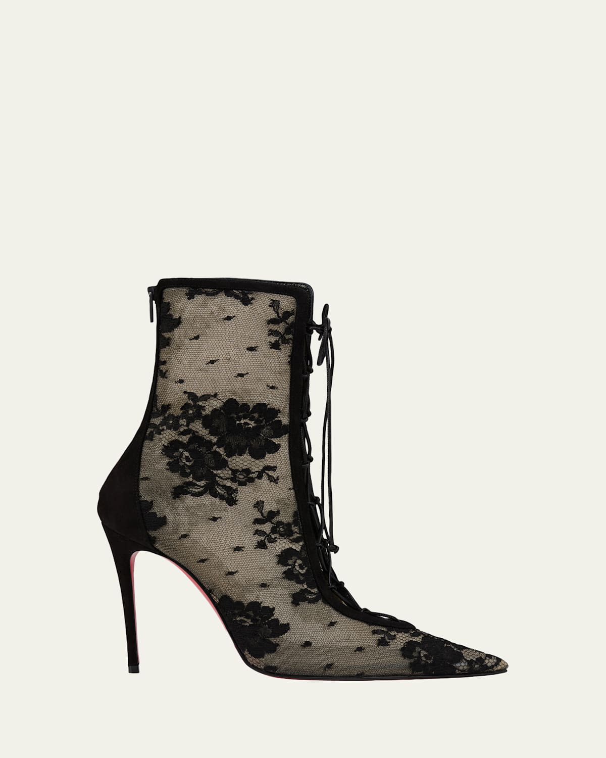 Christian Louboutin Floral Mesh Red Sole Lace-up Booties In Black