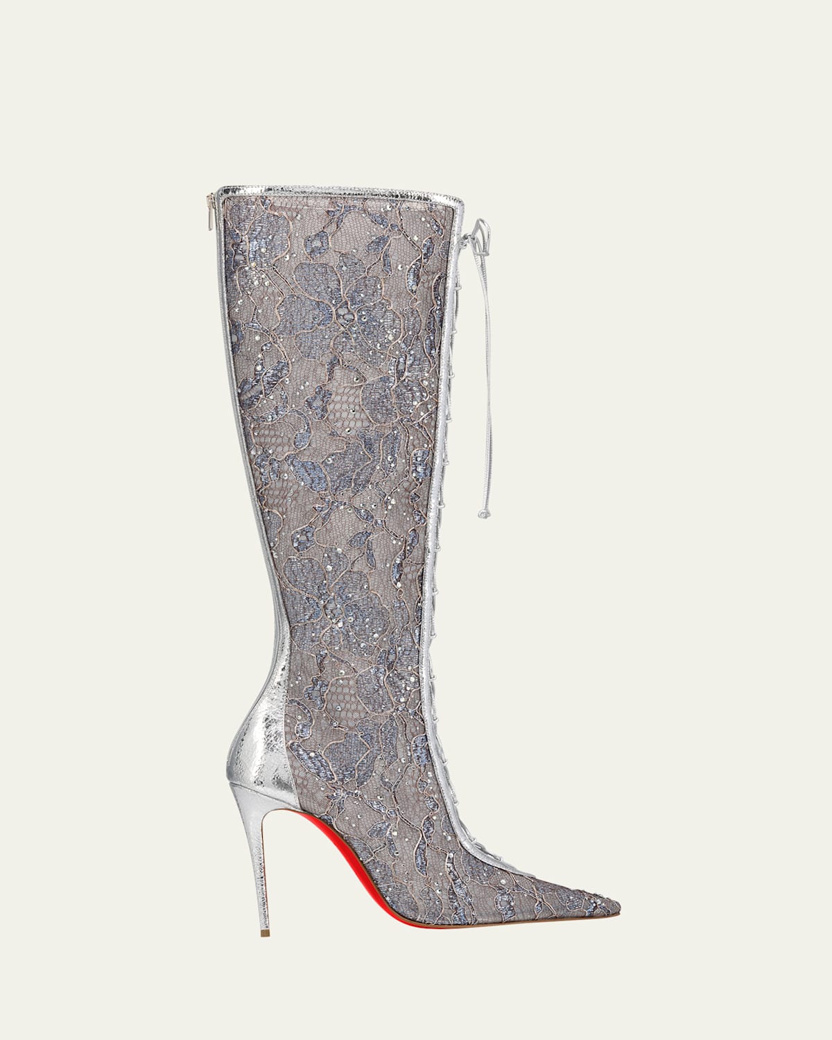 Christian Louboutin Km Lace Strass Red Sole Knee-high Boots In Silver