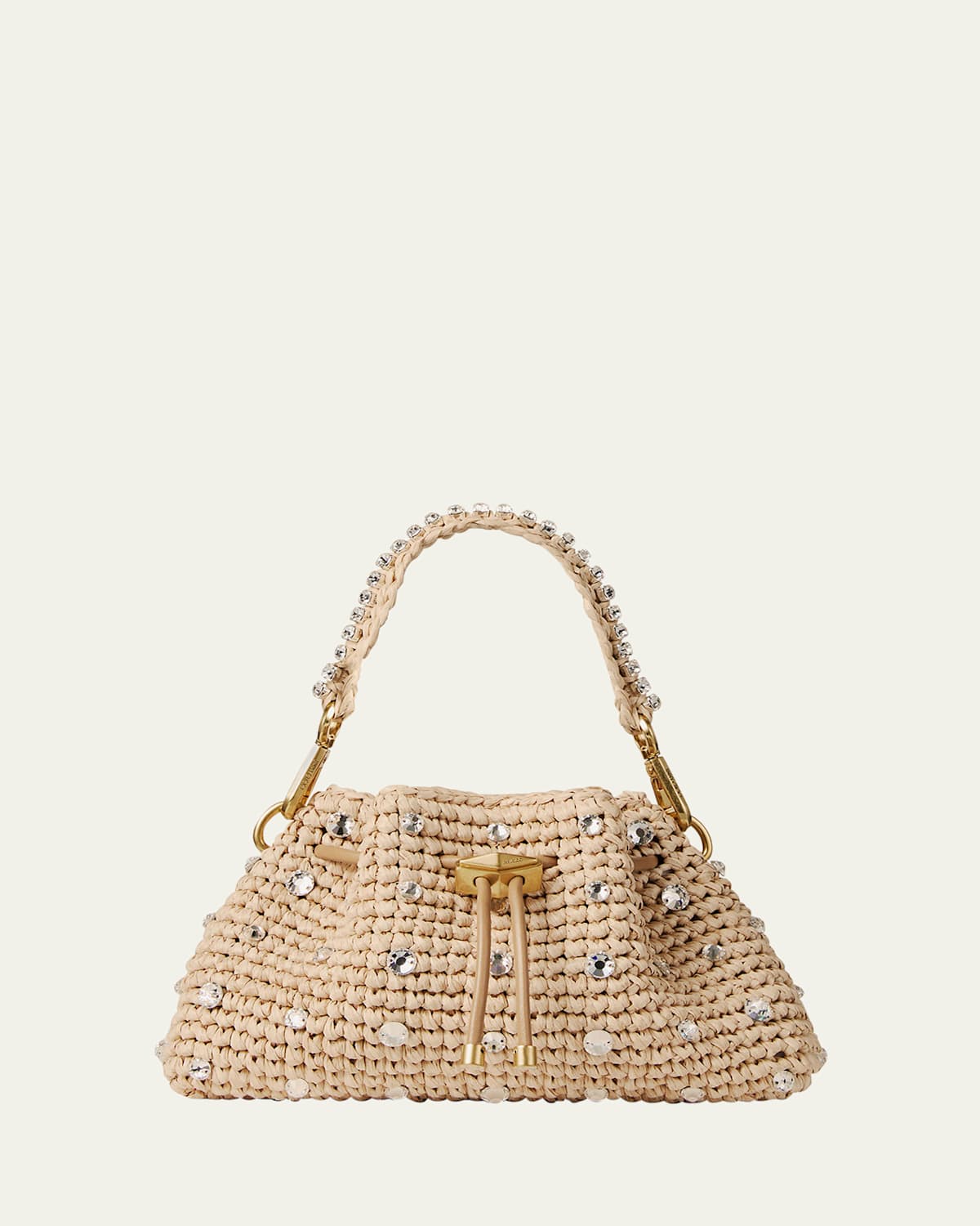 Jimmy Choo Cinch Small Crystal-embellished Raffia Drawstring Top Handle Bag In Gold