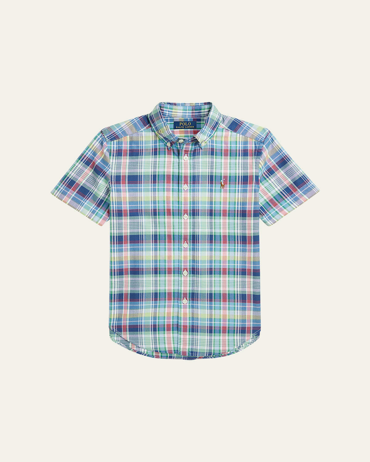 Ralph Lauren Boy's Plaid-print Oxford Shirt In Navy-green Multi