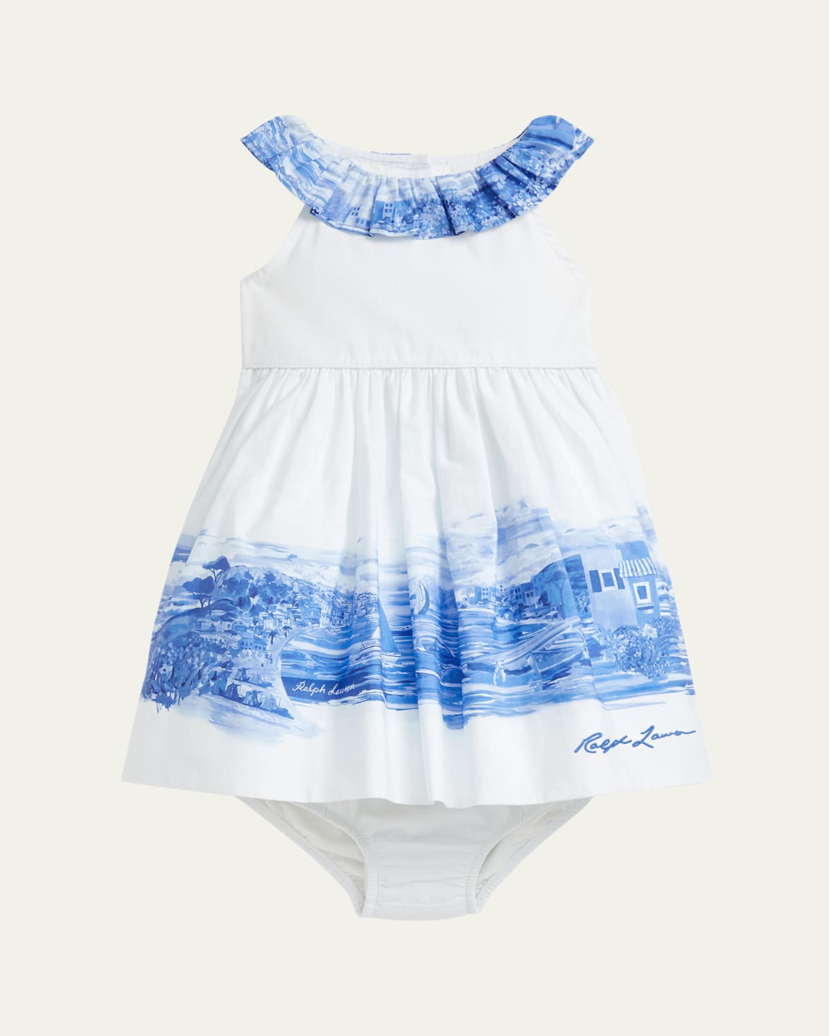 Ralph Lauren Girl's Seaside-print Dress W/ Bloomers In Seashore Scenic Border