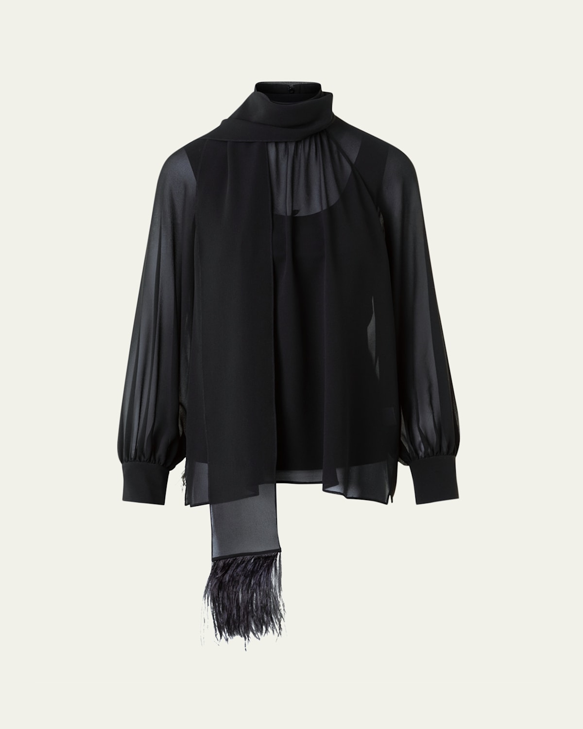 Akris Feather-trim Scarf Silk Georgette Blouse In Black