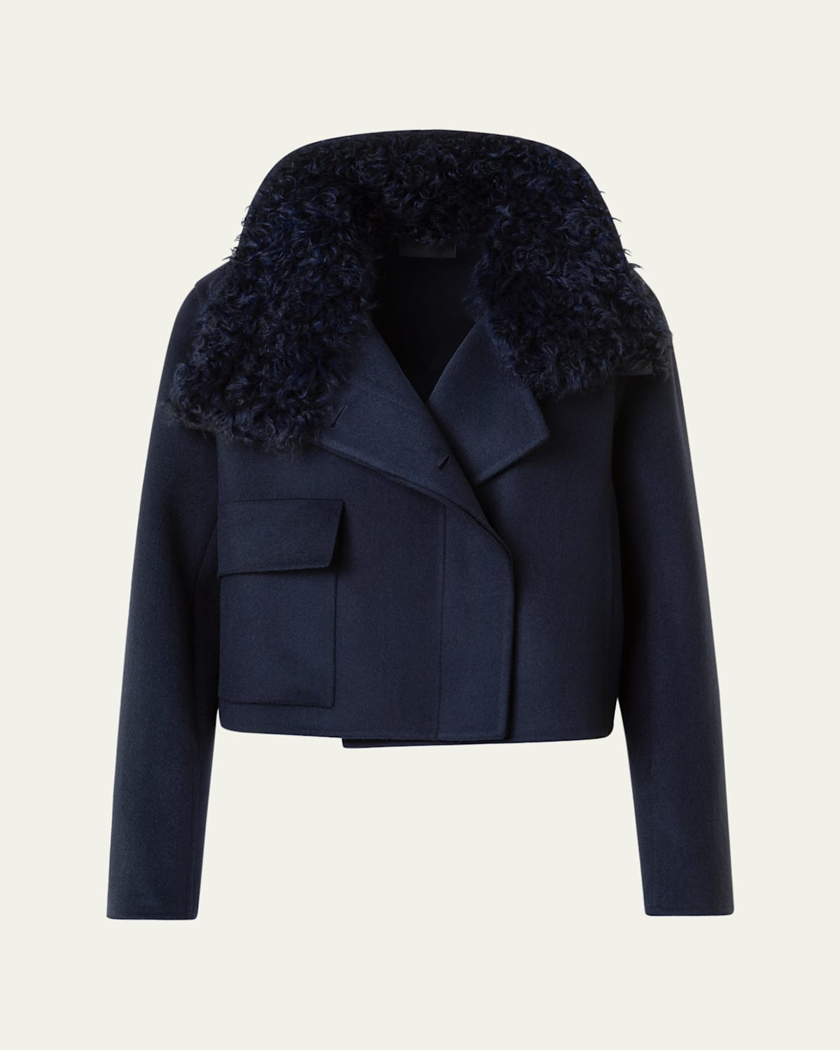 Akris Edena Cashmere Short Jacket With Detachable Shearling Goat Collar In Blue