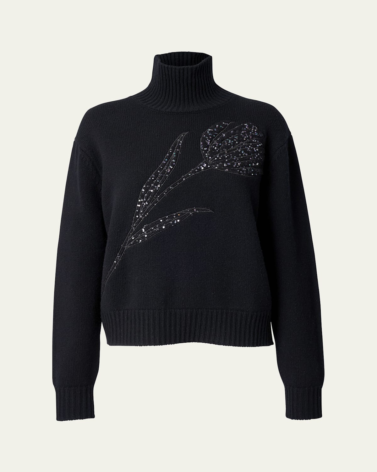 Carolina Herrera Turtleneck Paillette Rose Wool-cashmere Sweater In Black