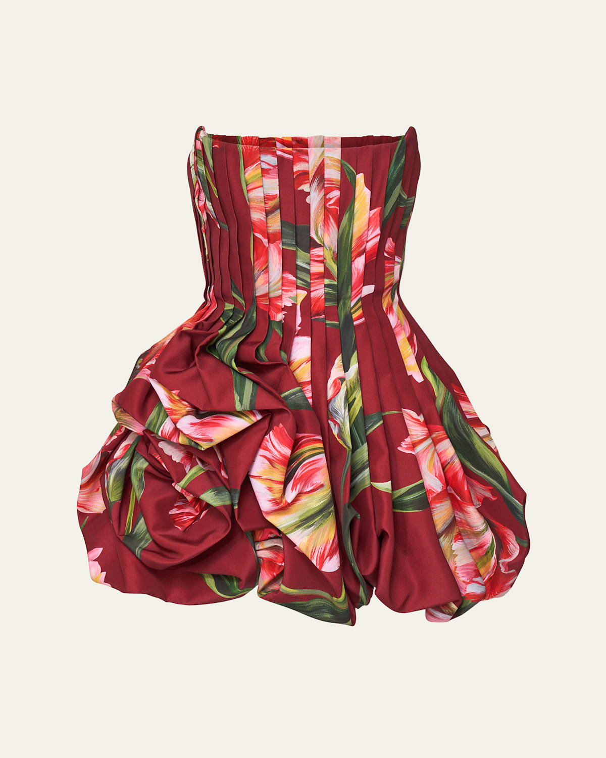 Carolina Herrera Tulip Print Pleated Draped Minidress In Red