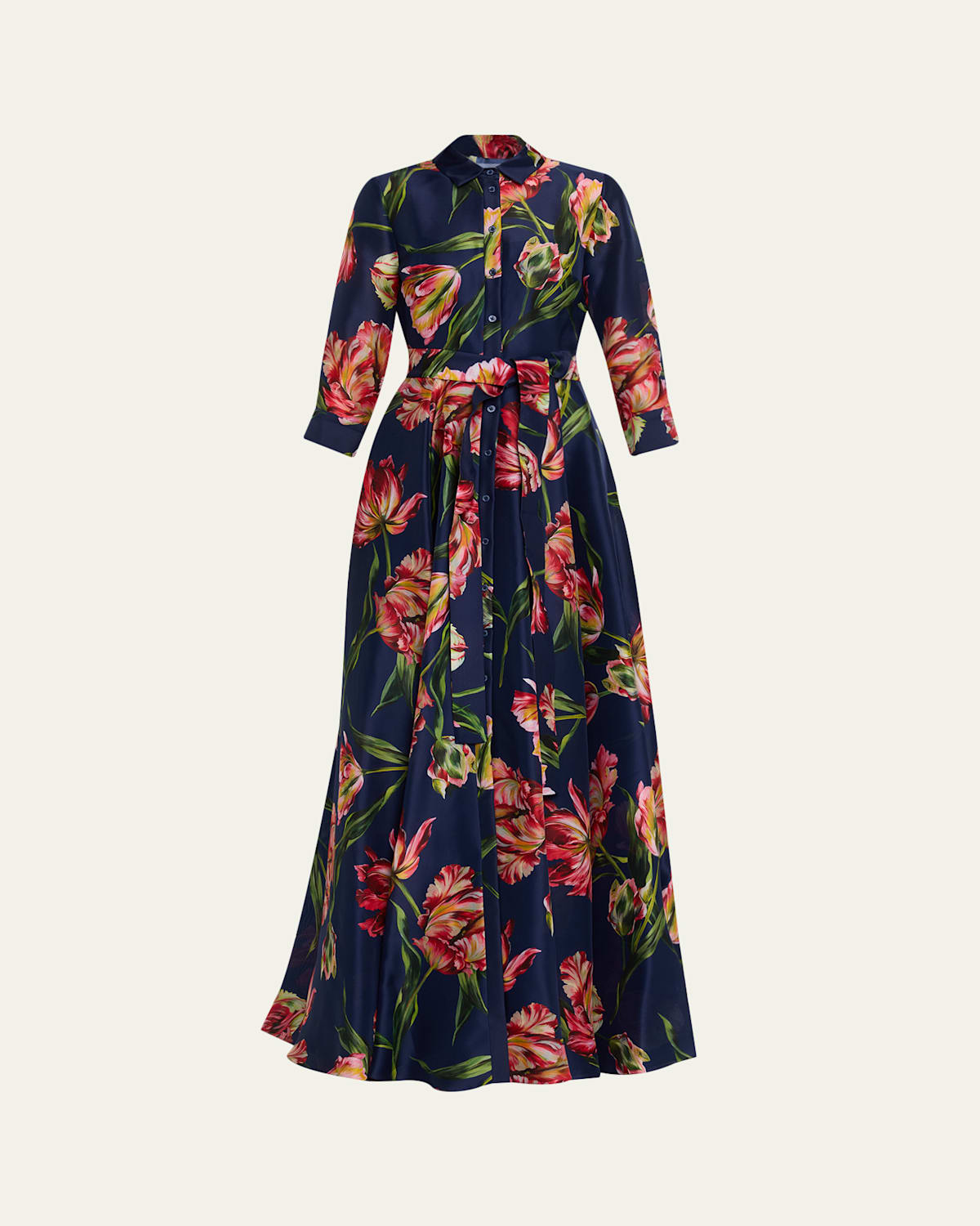 Carolina Herrera Floral Silk Belted Long-sleeve Trench Gown In Blue