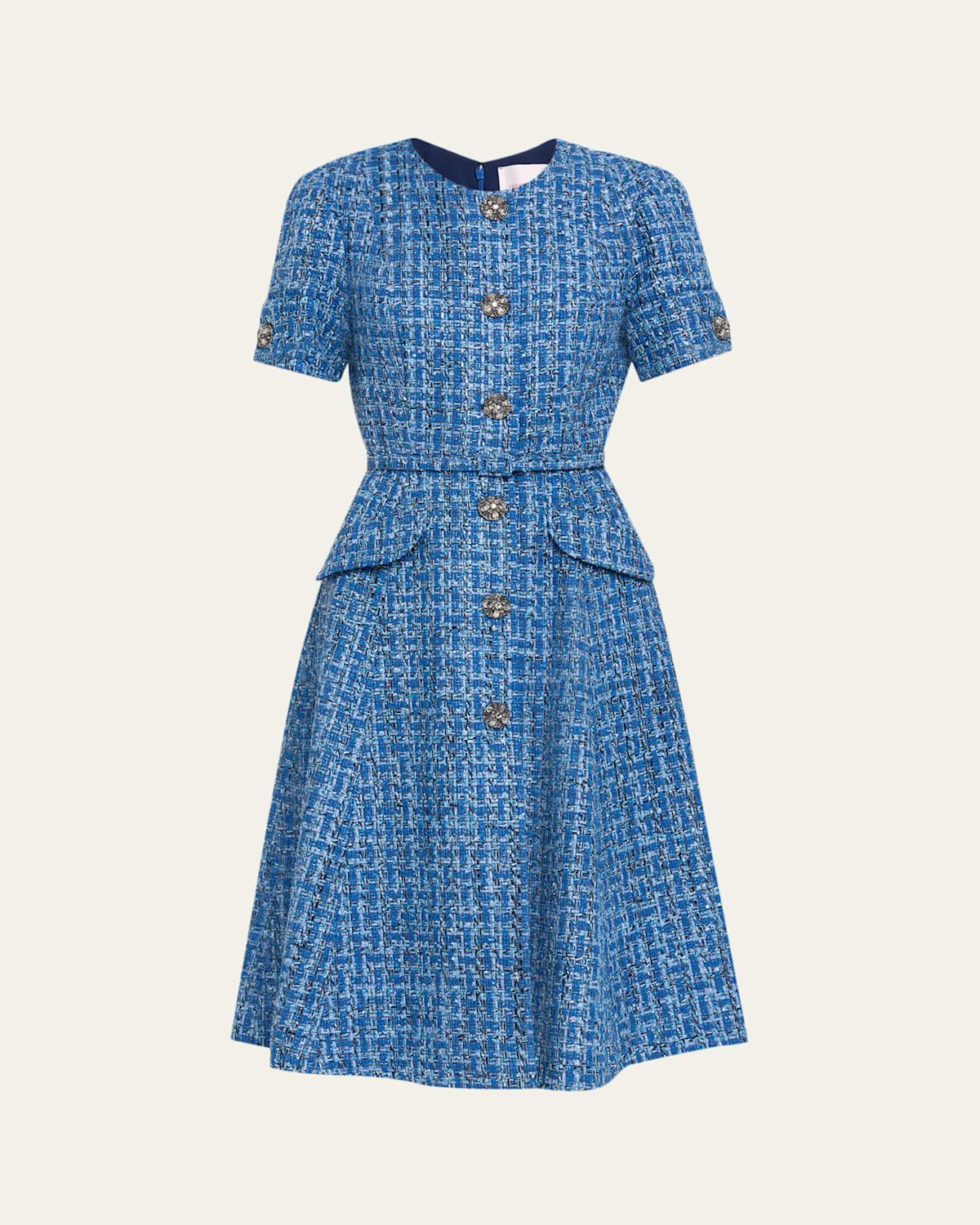 Carolina Herrera Crystal Button-front Tweed Midi Dress With Belt In Blue