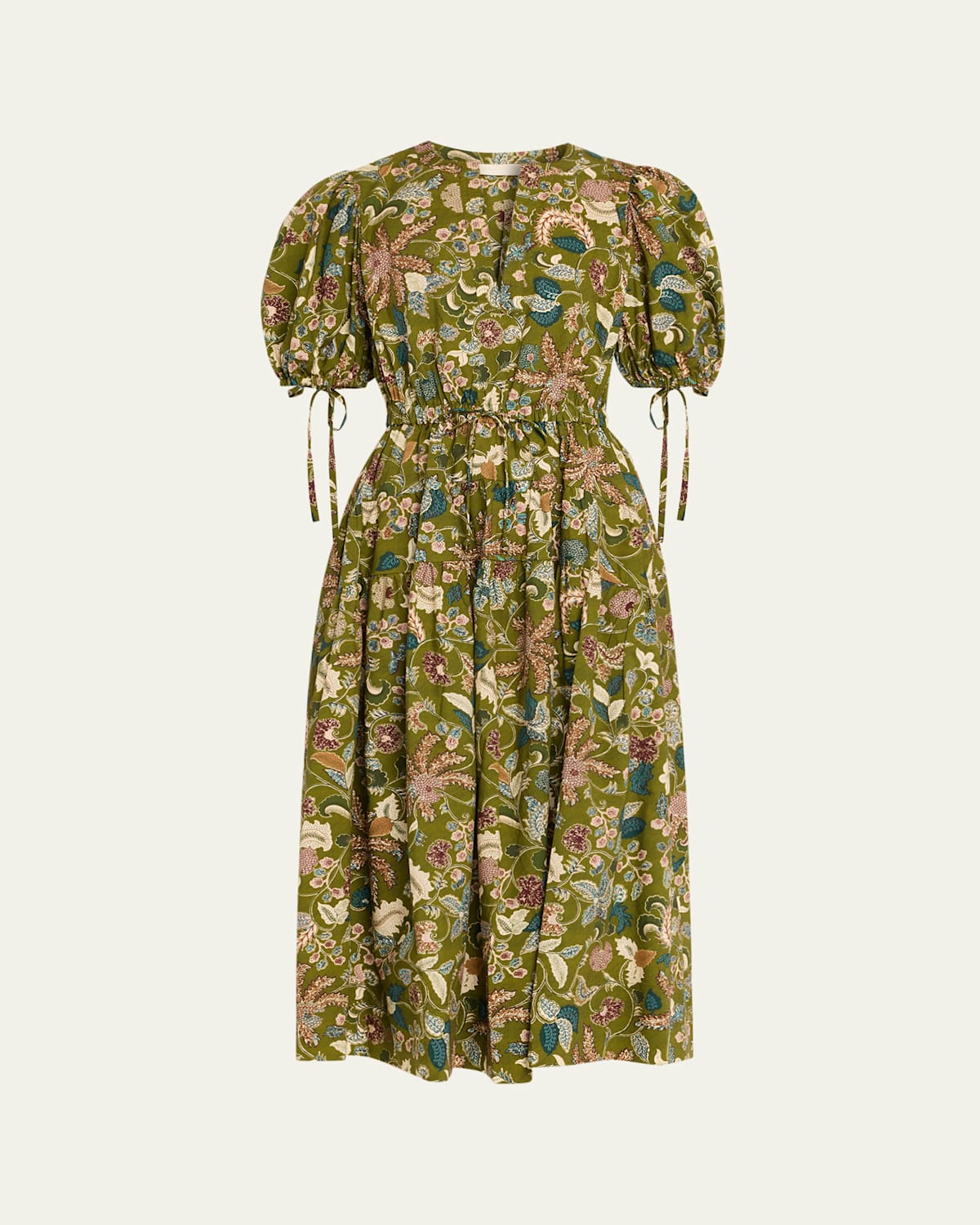 Ulla Johnson Adriana Puff-sleeve V-neck Midi Dress In Green