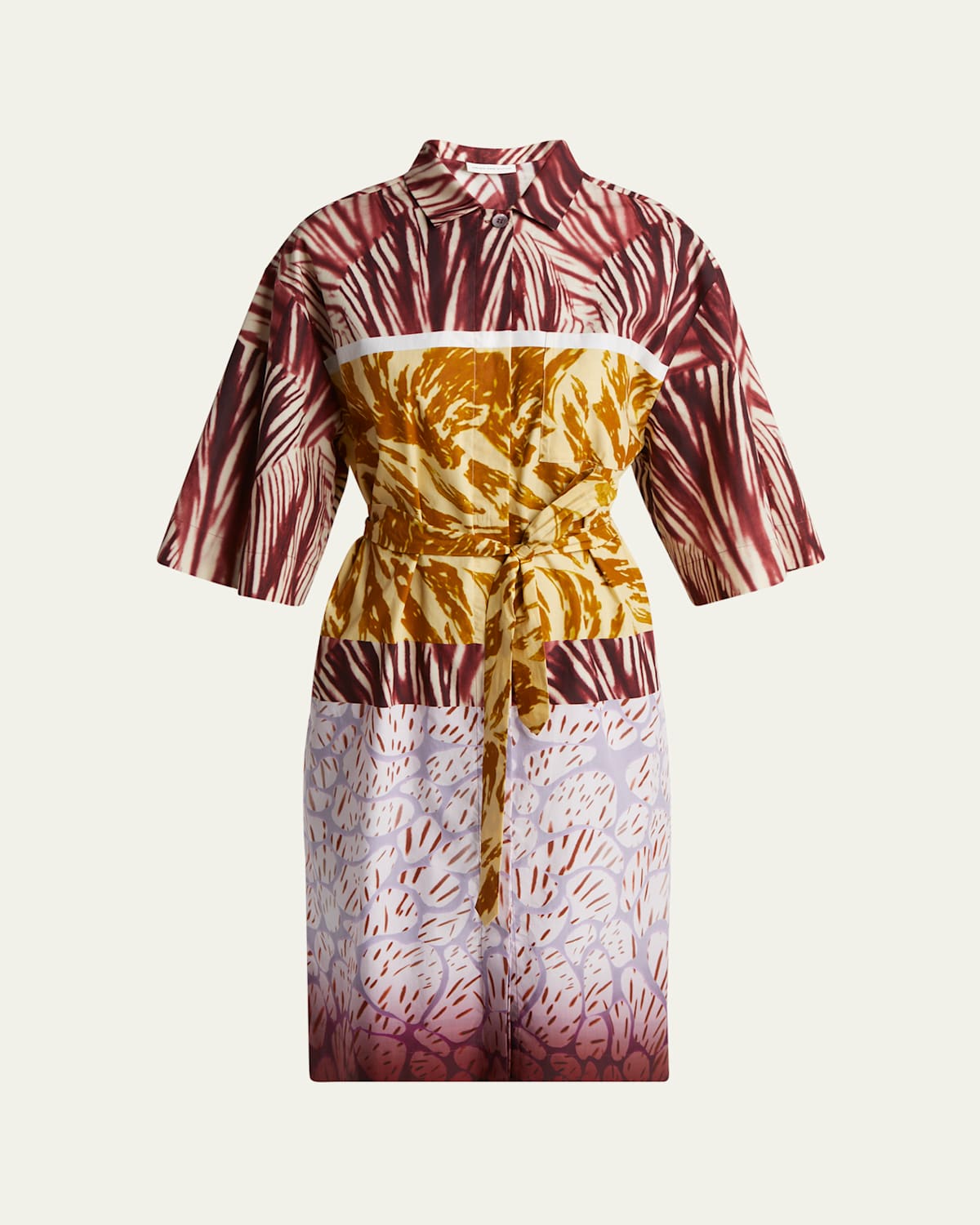 Dries Van Noten Womens Burgundy Abstract-print Belted Cotton-poplin Midi Dress