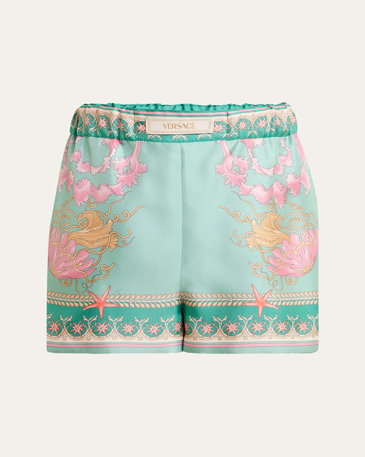 Versace Underwater Barocco Foulard Silk Twill Shorts In Green