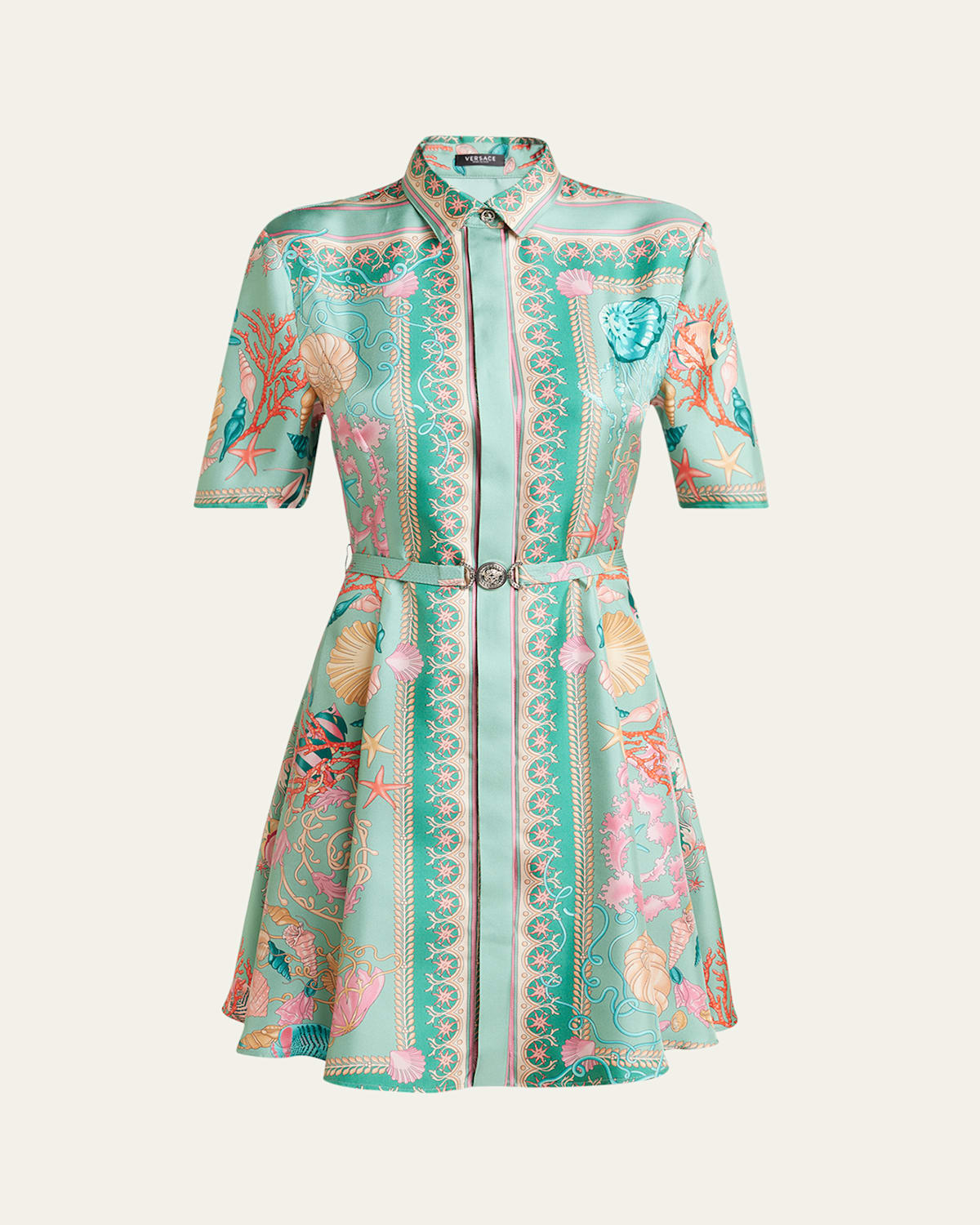 Versace Underwater Barocco Foulard Belted Silk Twill Dress In Green