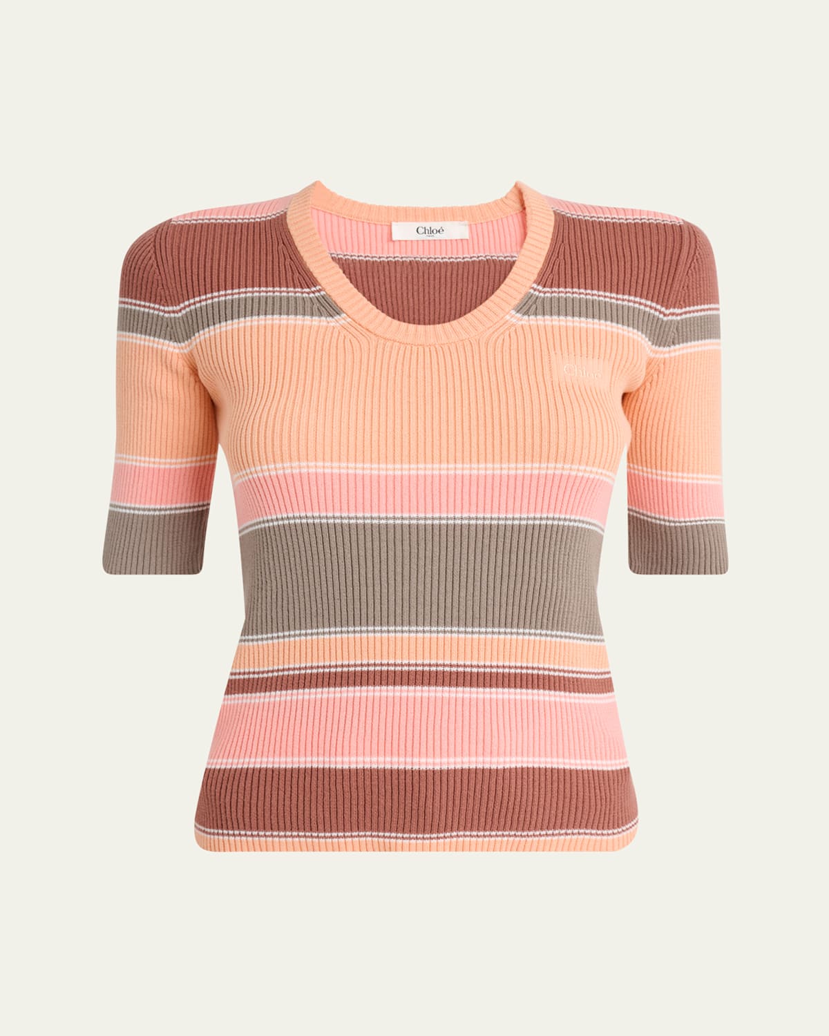 Chloé Striped Crewneck Rib Knit Cotton Top In Multi