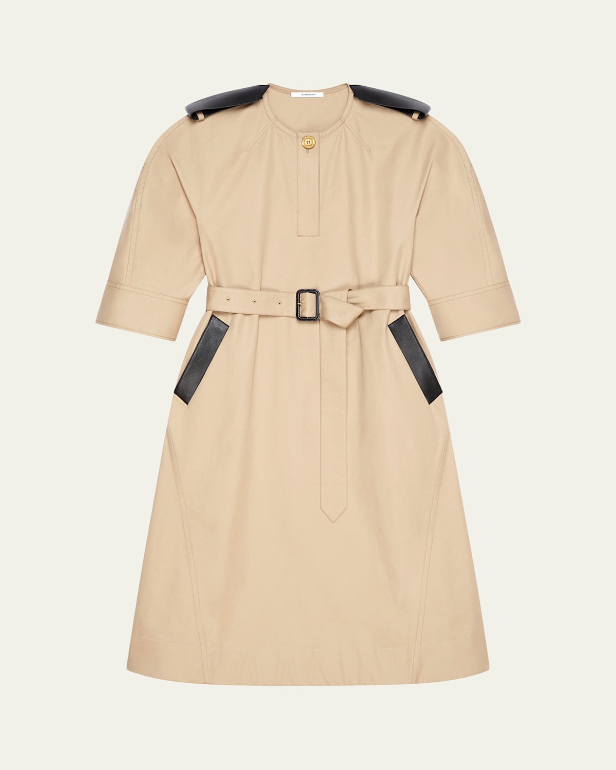 Givenchy Leather-trim Belted Cotton Twill Midi Cocoon Dress In Beige