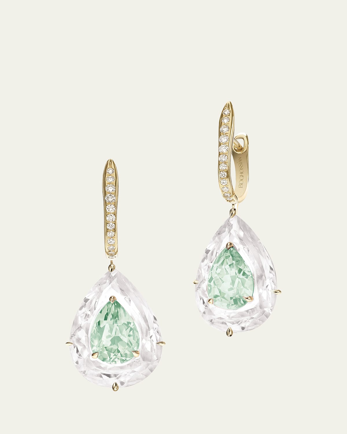 Boghossian Inlay Shine 18K Gold Large Green Tourmaline and Rock Crystal Earrings