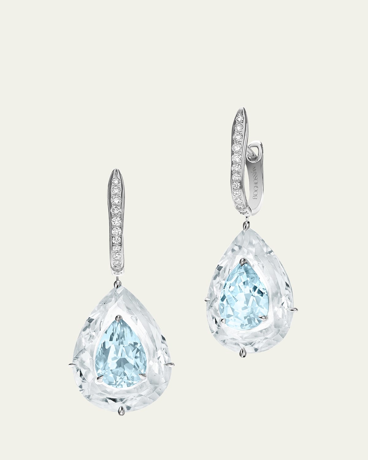Boghossian Inlay Shine 18K White Gold Large Aquamarine and Rock Crystal Earrings