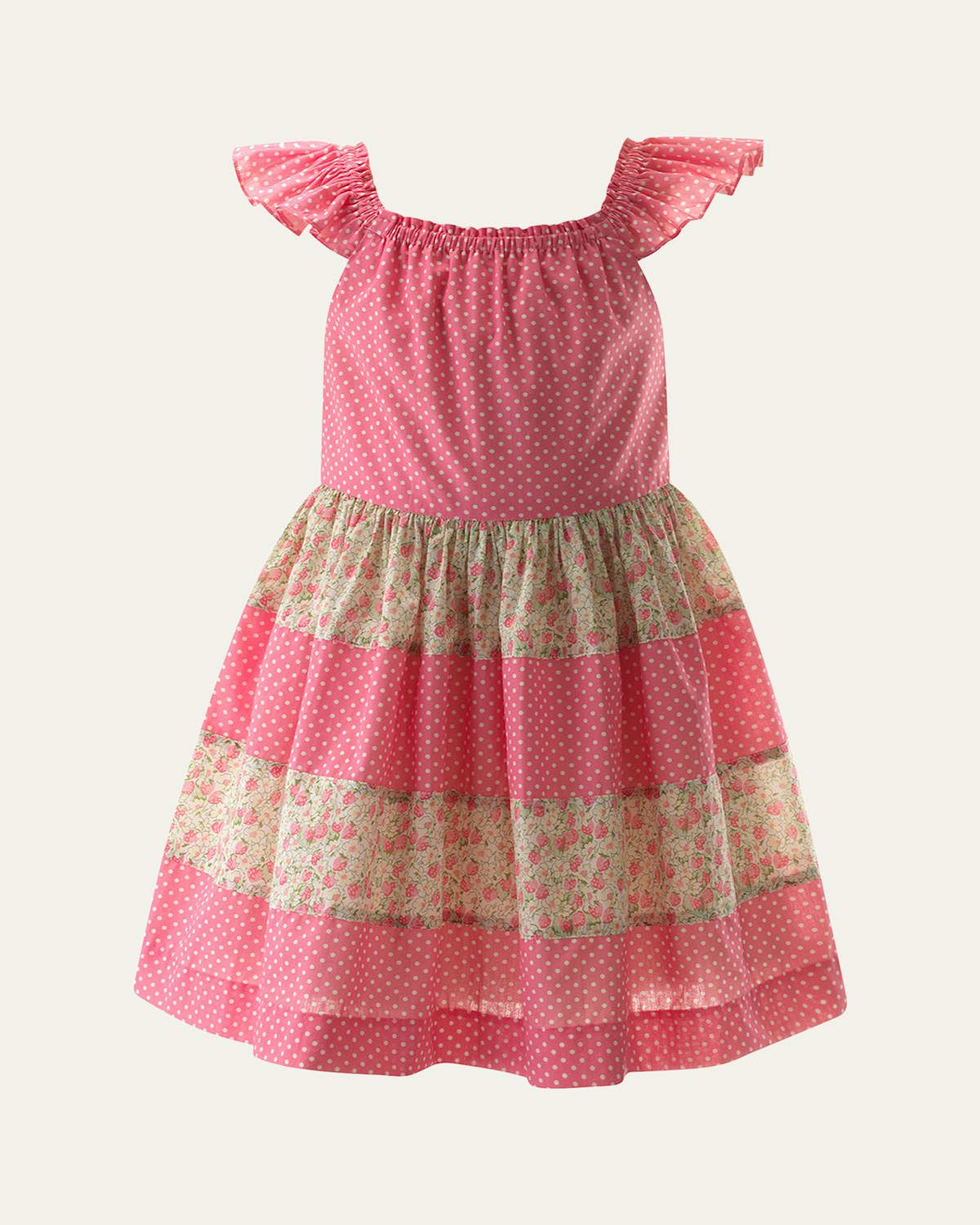Rachel Riley Girl's Strawberry & Polka Dot Tiered Dress In Pink