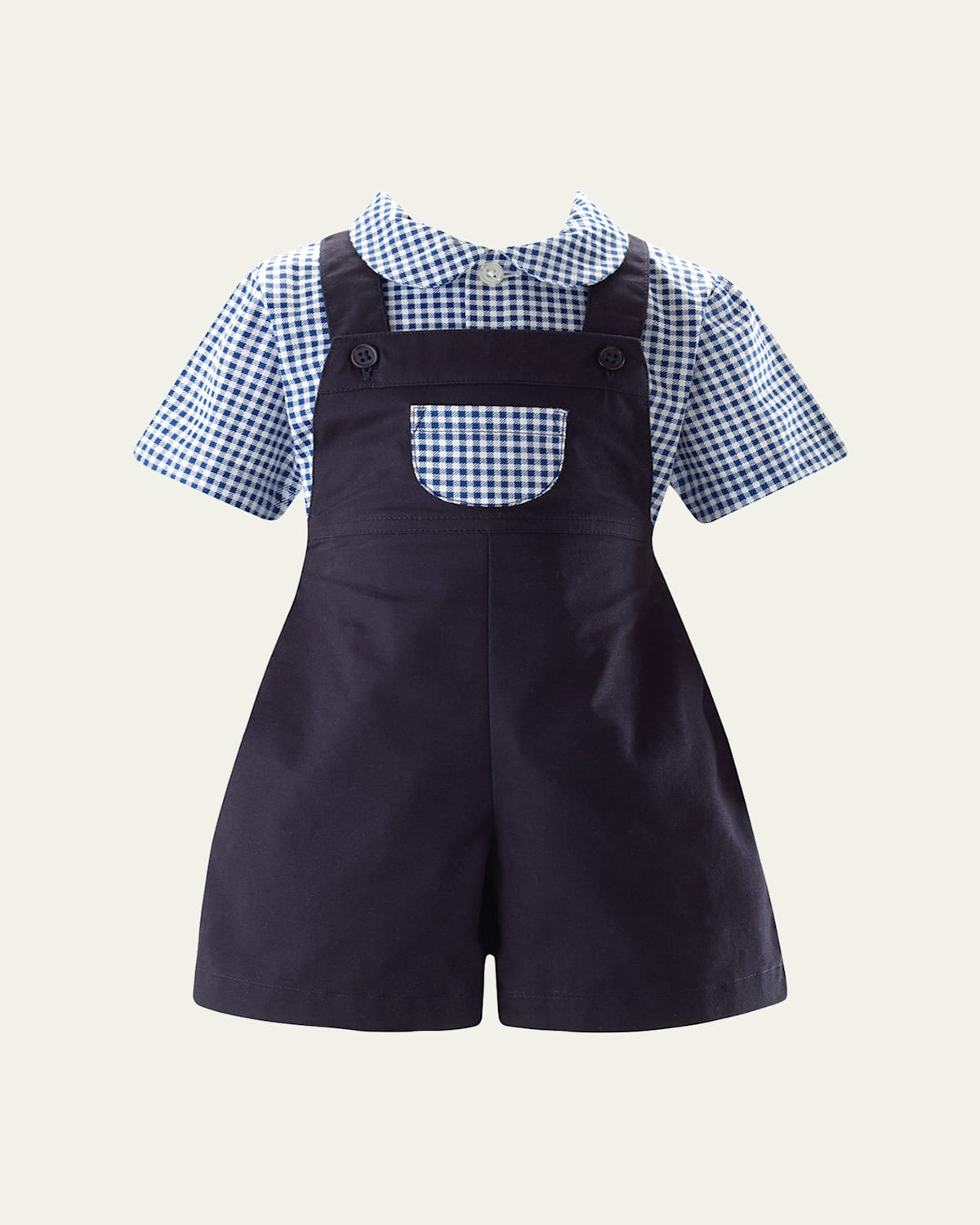Rachel Riley Boy's Gingham-print Shirt & Dungaree Set In Blue
