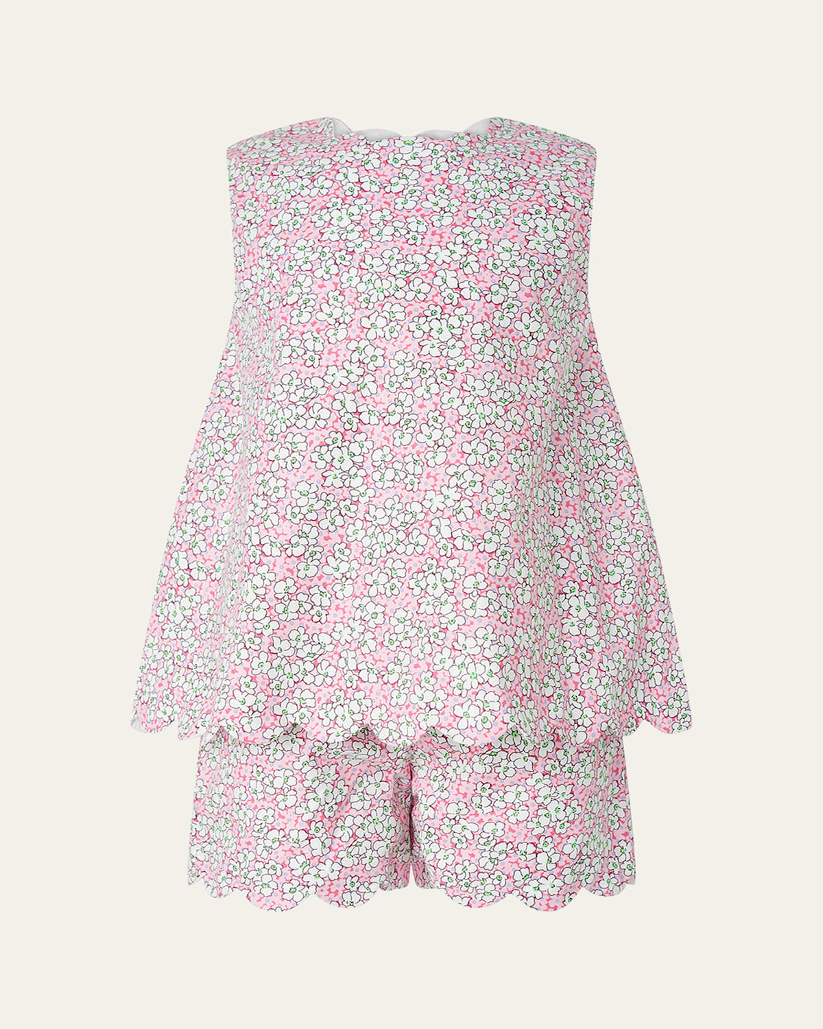 Rachel Riley Girl's Scalloped Trim Floral-print Top & Shorts Set In Pink