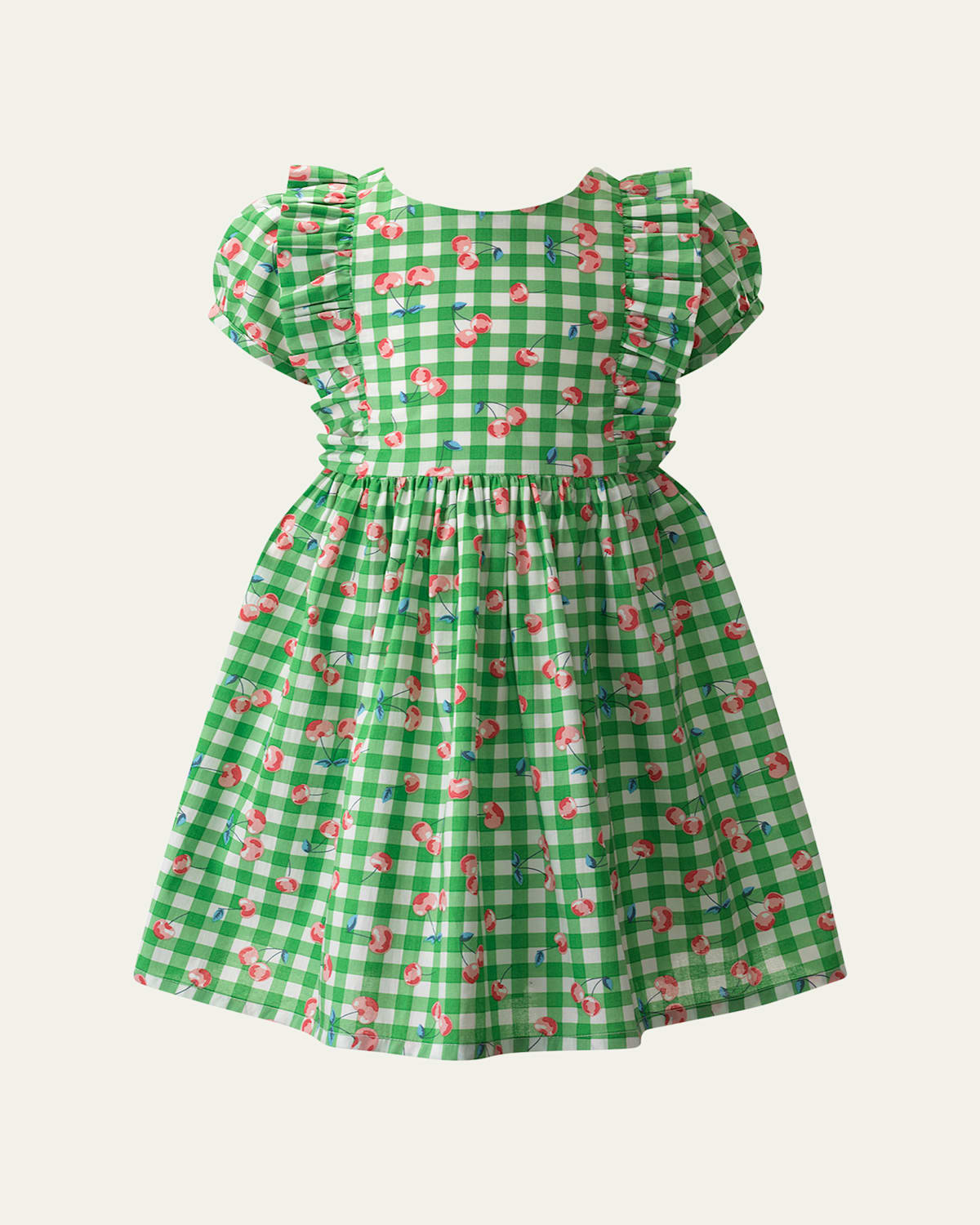 Rachel Riley Girl's Cherry Check Puff-sleeve Dress In Green